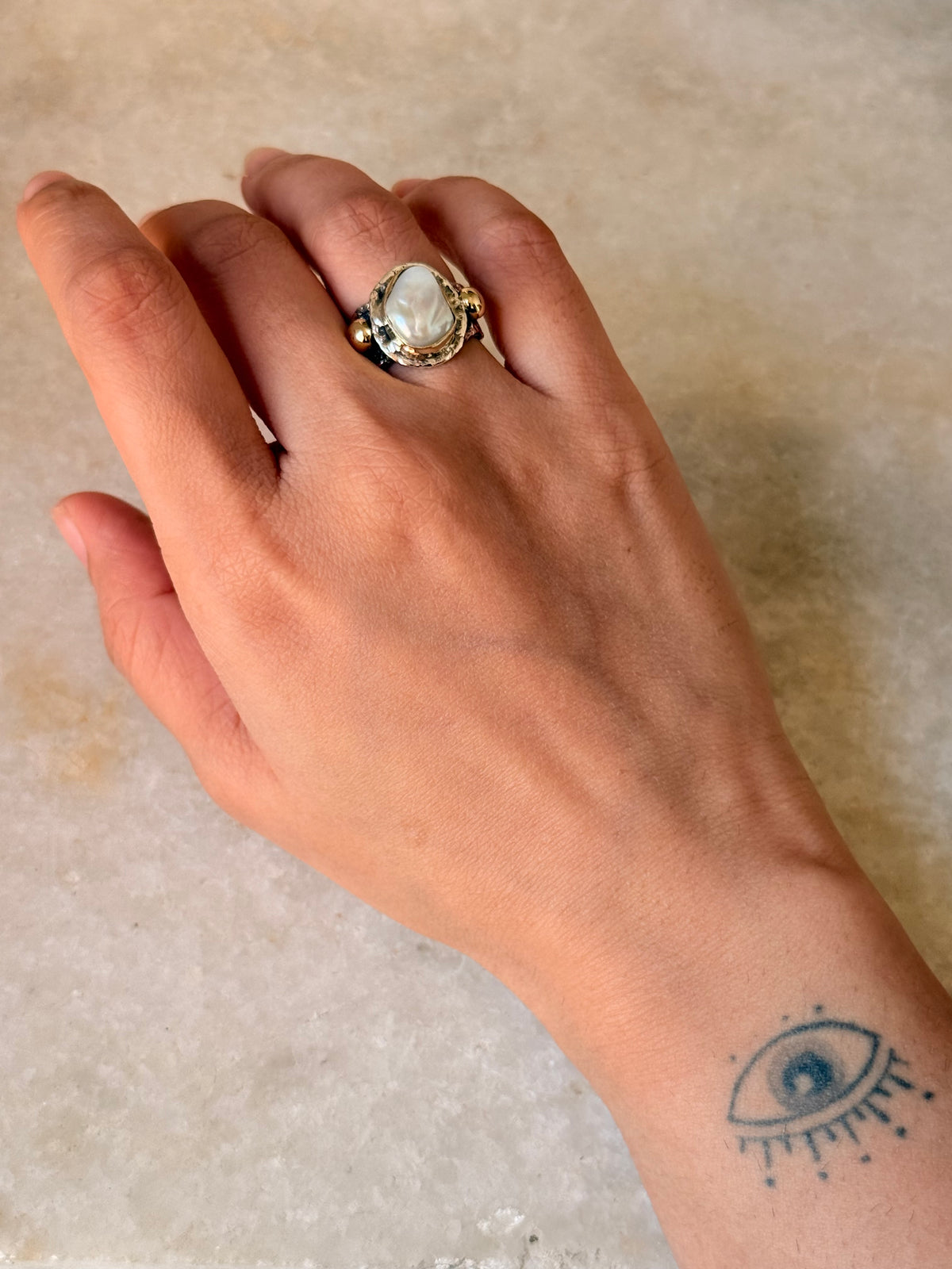 925 Sterling Silver Baroque Pearl Rustic Fusion Handcrafted Ring