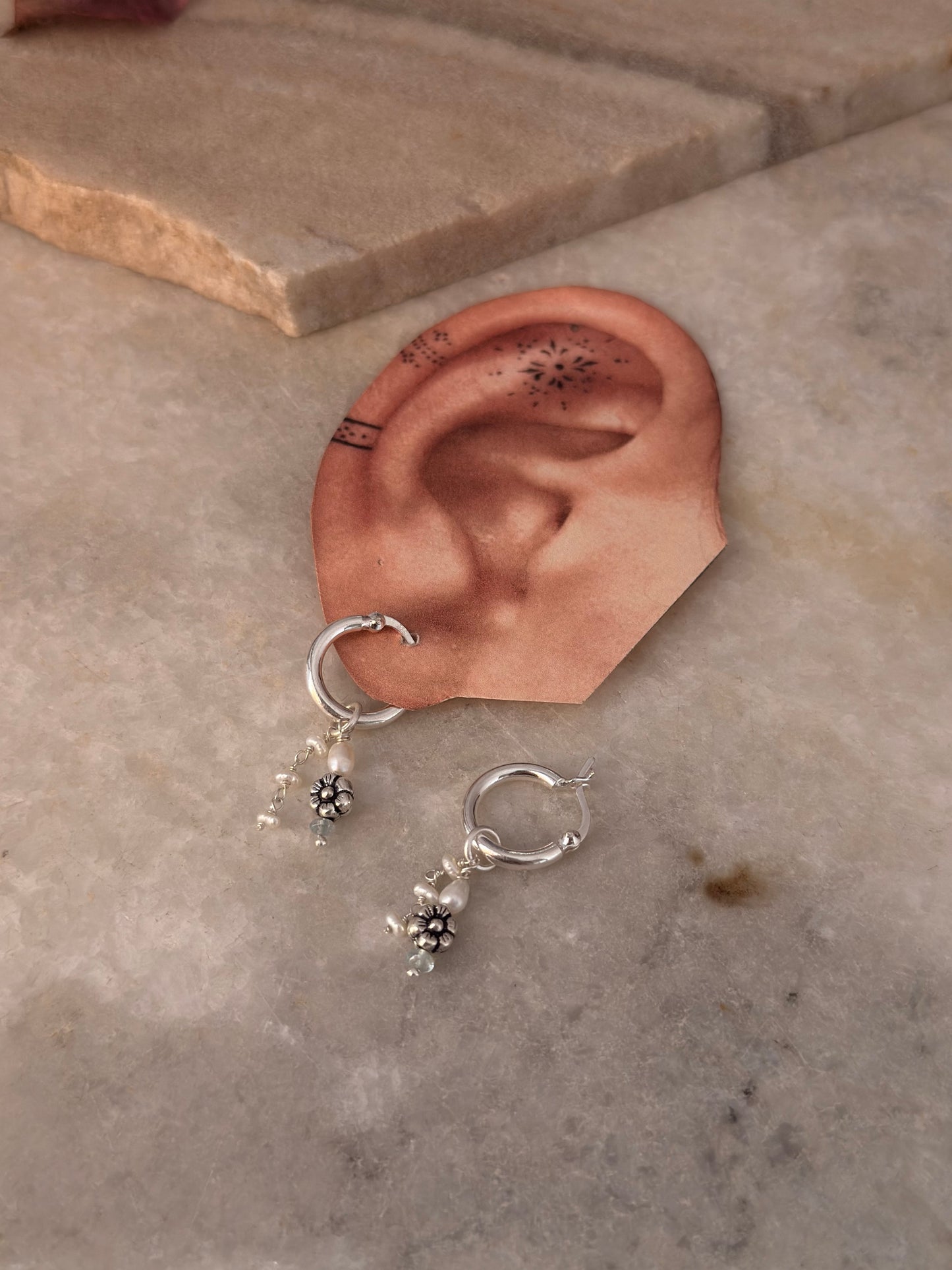 925 Sterling Silver Fresh Water Pearl, Aquamarine & Floral Hoops