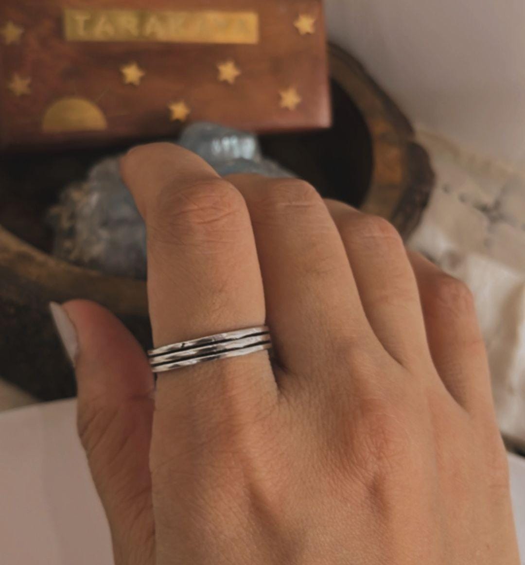 Elegant three stack band design silver ring