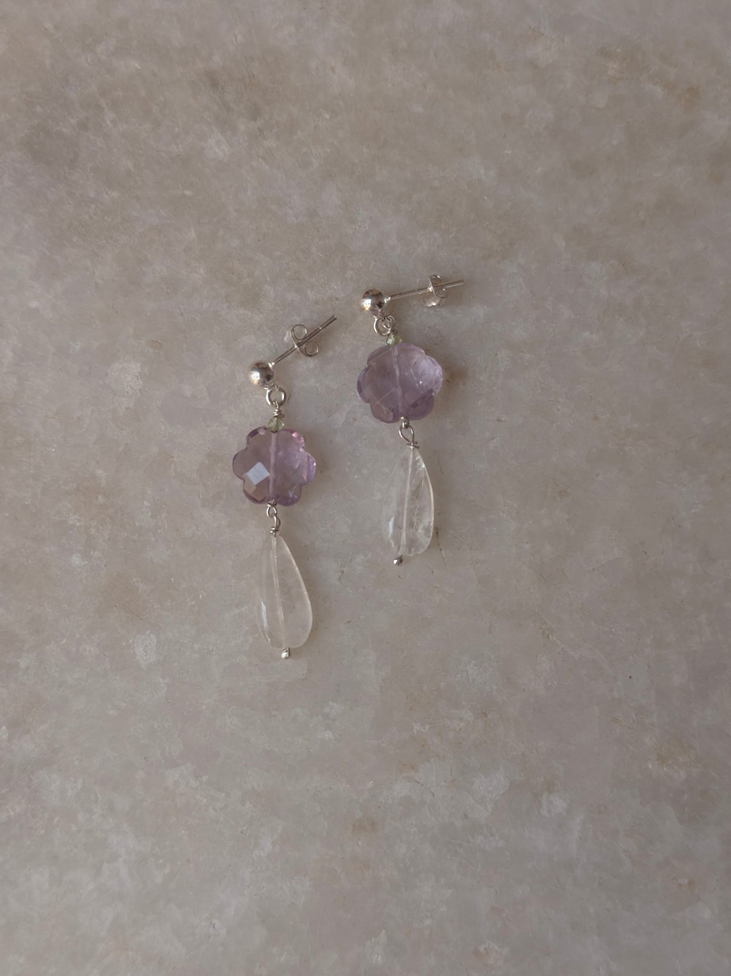 925 Sterling Silver Amethyst Flower , Peridot & Moonstone Earrings