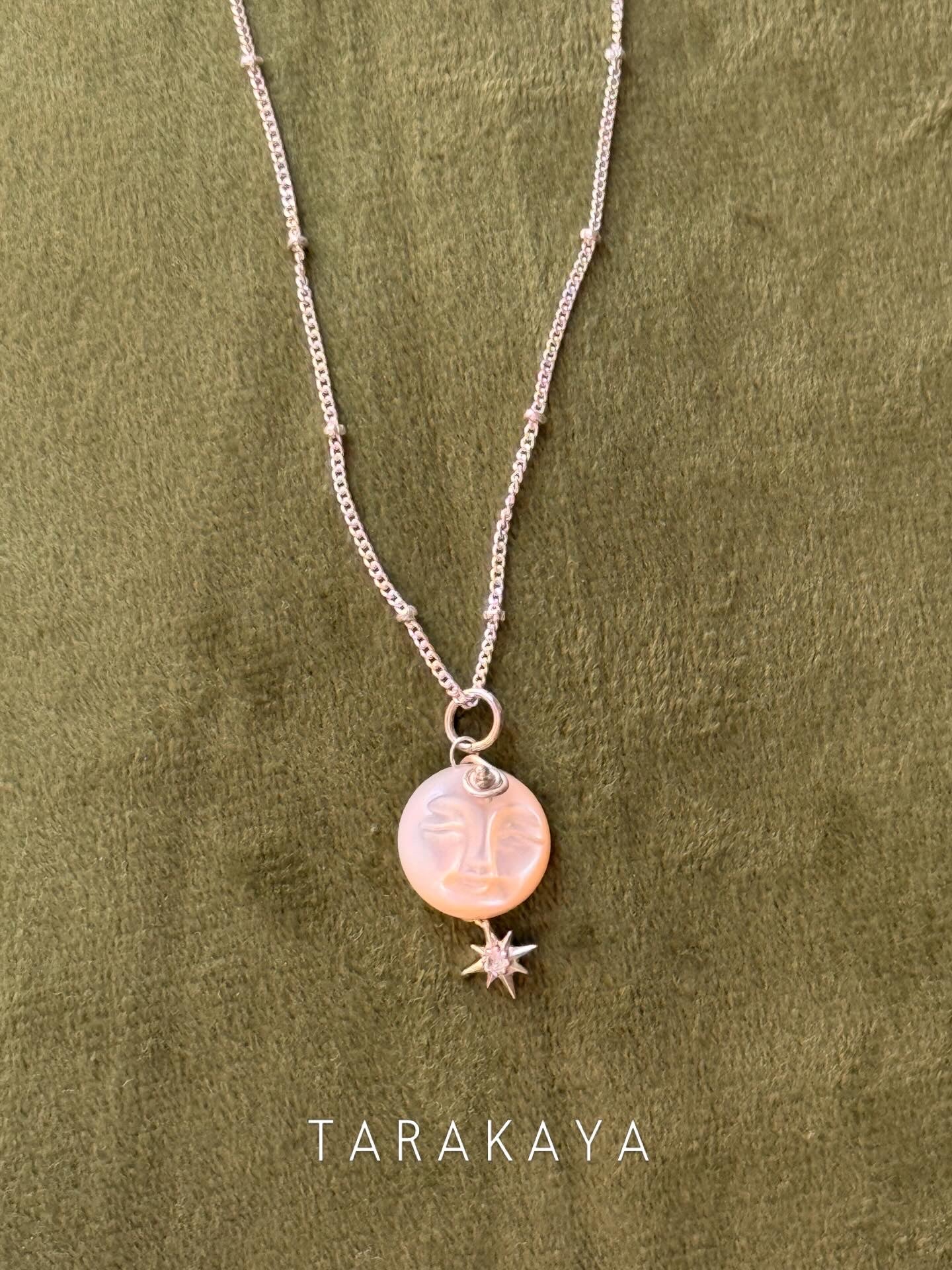 925 Sterling Silver Mother of Pearl Full Moon Face Carved White Topaz North Star Cable Dot Handcrafted Necklace