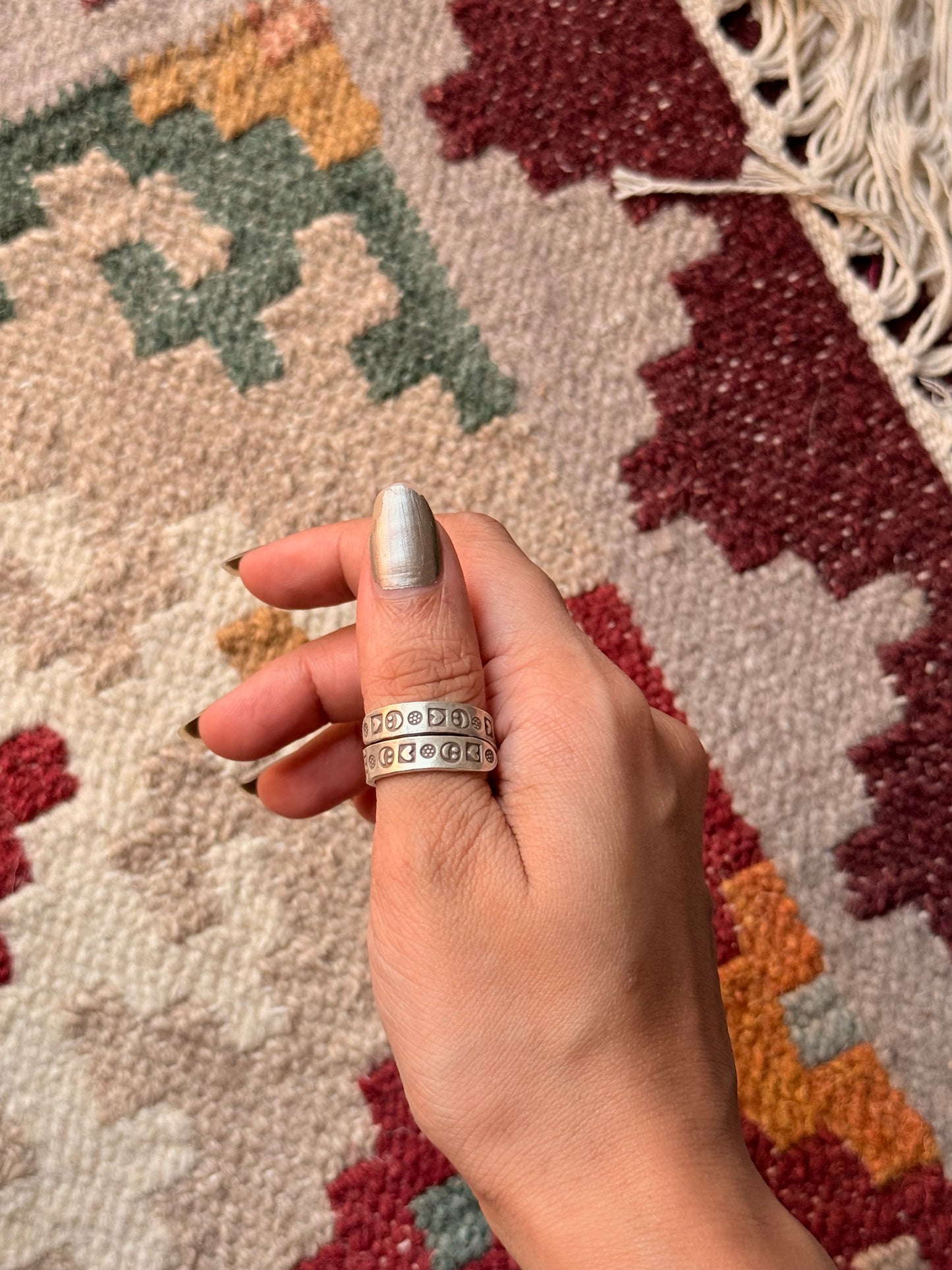 925 Sterling Silver Bohemian Hill Quirky Smiley,Hearts Emoji Engraved Handcrafted Adjustable Ring