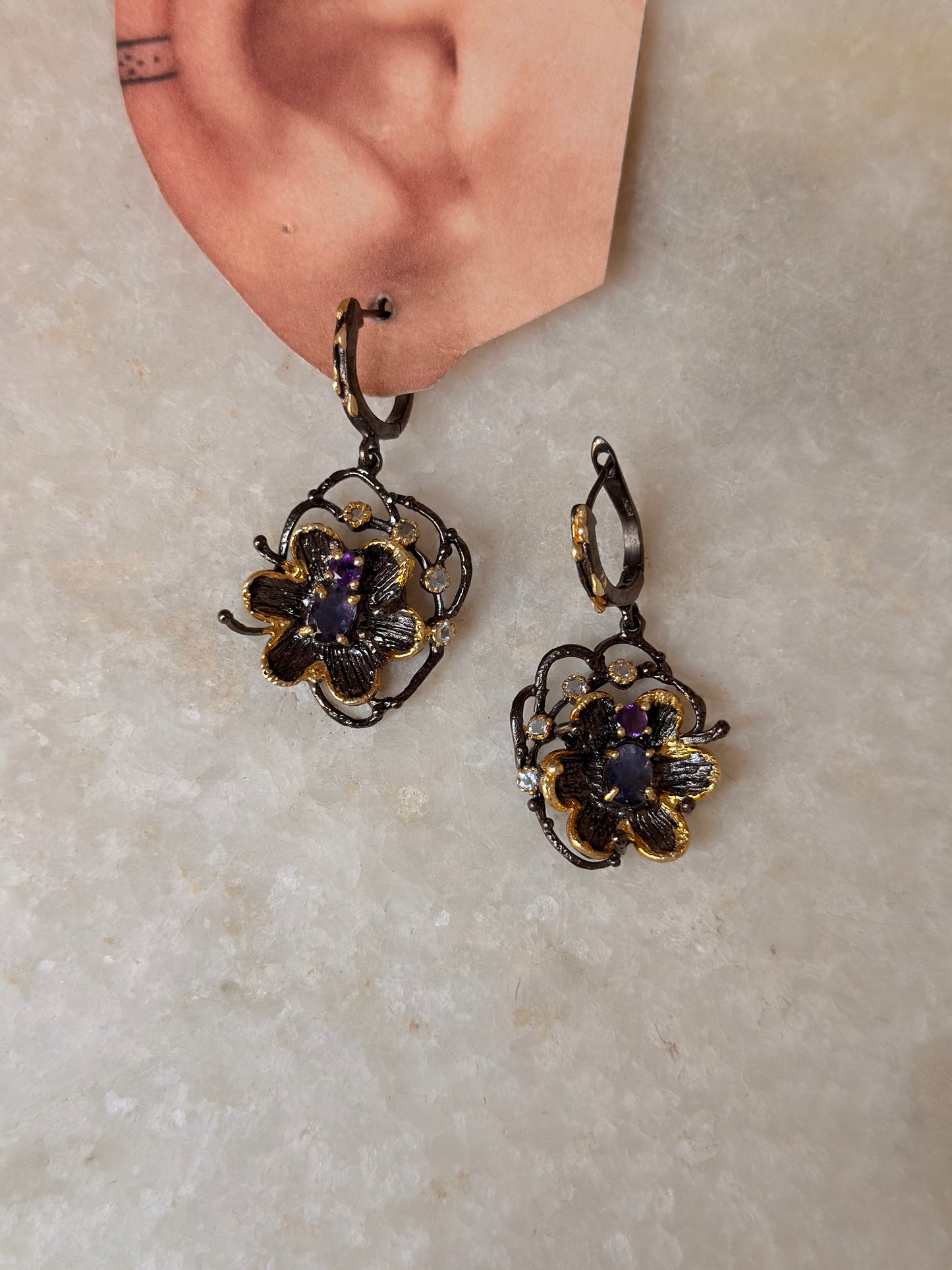 925 Sterling Silver Amethyst, Tanzanite & Topaz Black Rhodium Gold Plating Earrings