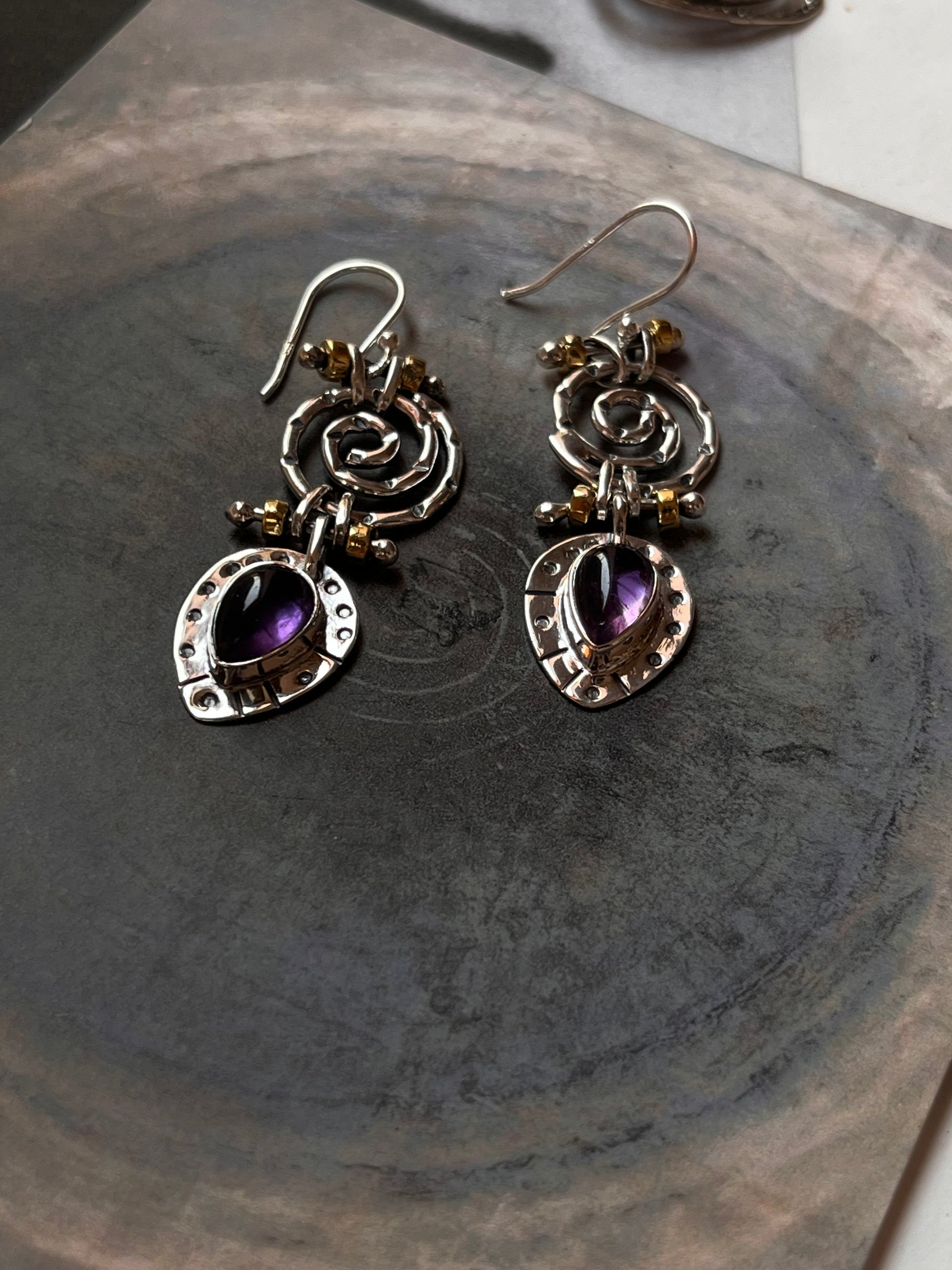  Handcrafted 925 silver earrings with amethyst and spiral fusion design  