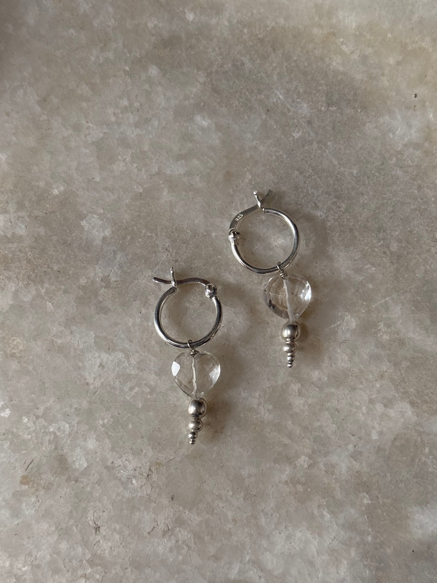 925 Sterling Silver Clear Quartz Heart, Balls Italian Hoops