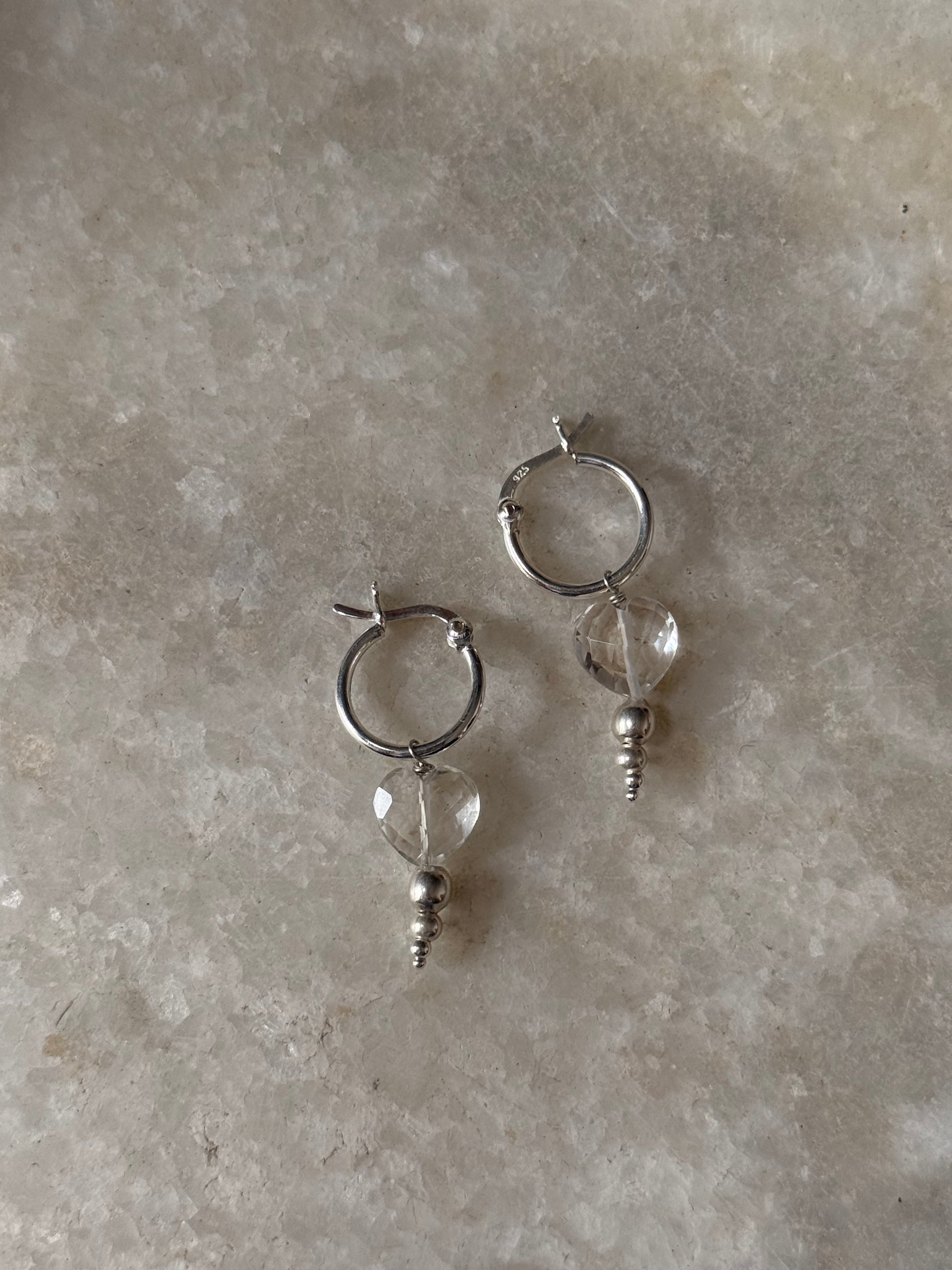 925 Sterling Silver Clear Quartz Heart, Balls Italian Hoops