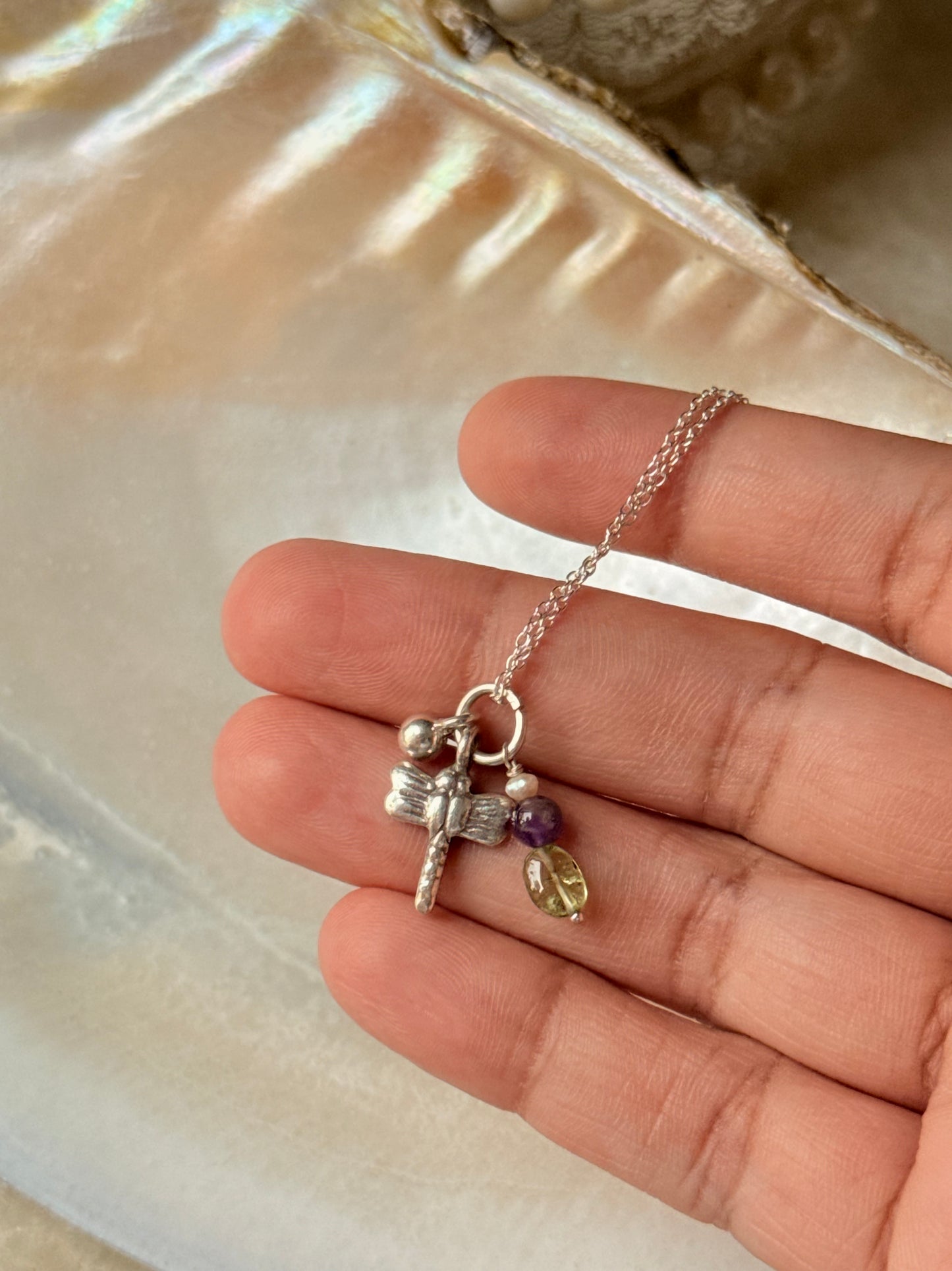 925 Sterling Silver Peridot, Amethyst Crystal Charms, Silver Dragonfly  & Ball Charm Dainty Chain Necklace