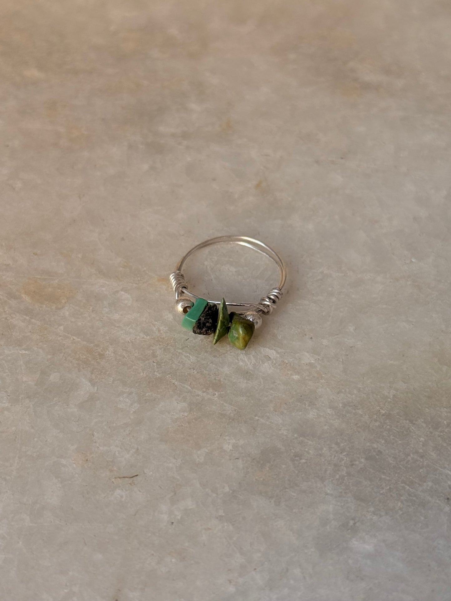 925 Sterling Silver Turquoise Chips With Silver Balls Wire Wrapped Handcrafted Ring