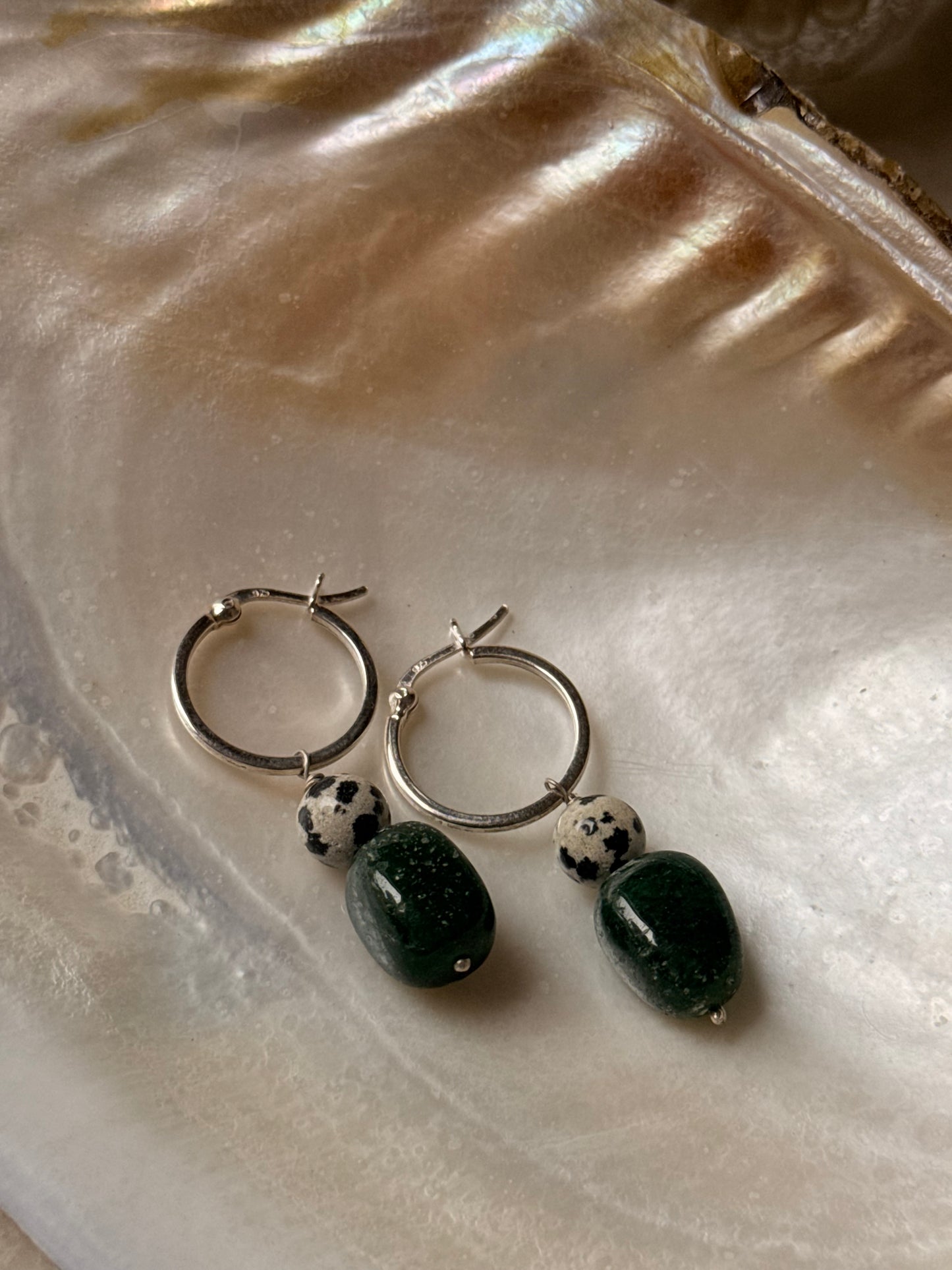 925 Sterling Silver Green Aventurine & Dalmation Jasper Hoops Earrings