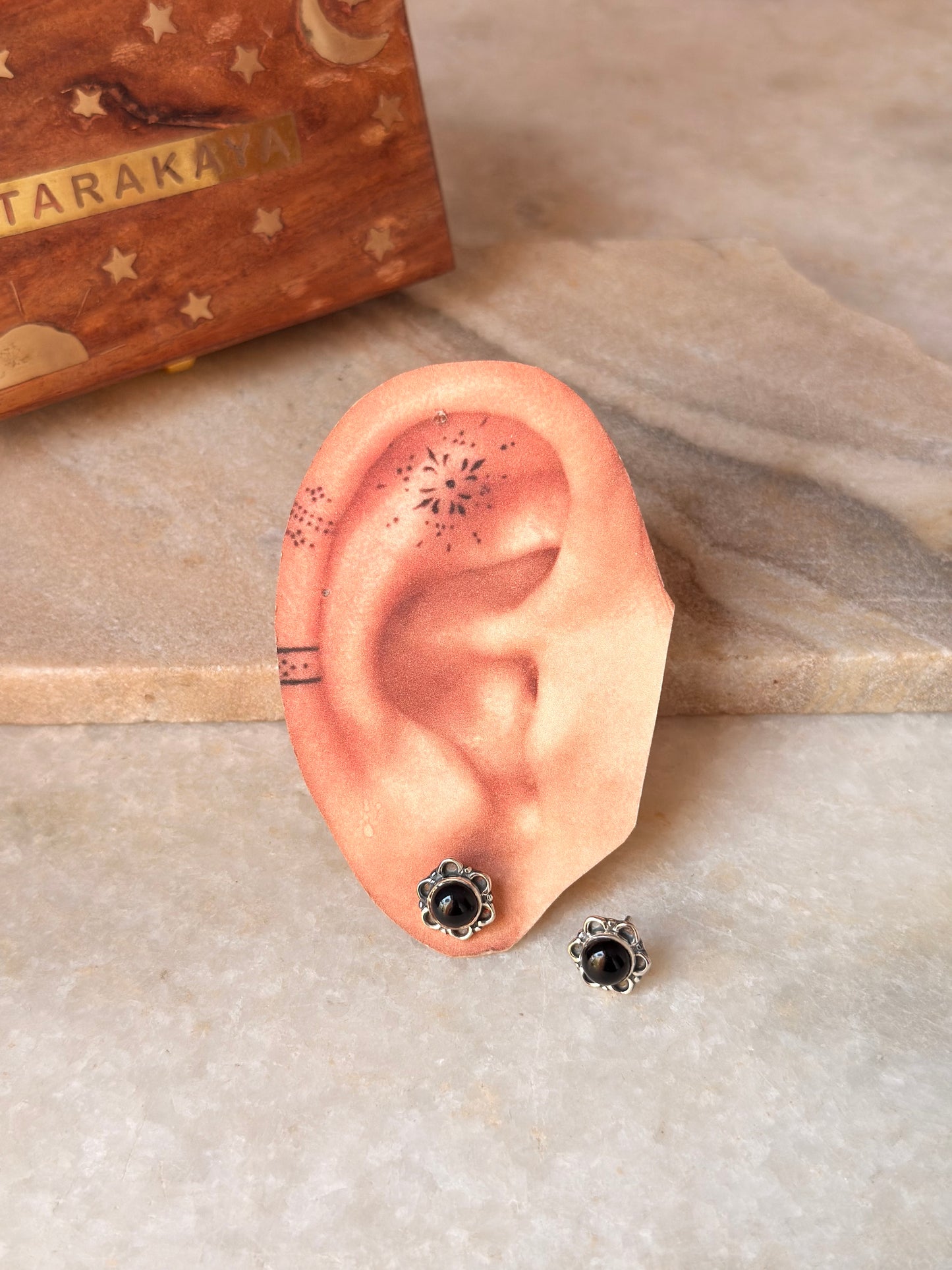 925 Sterling Silver Black Onyx Big Flower Studs Earrings
