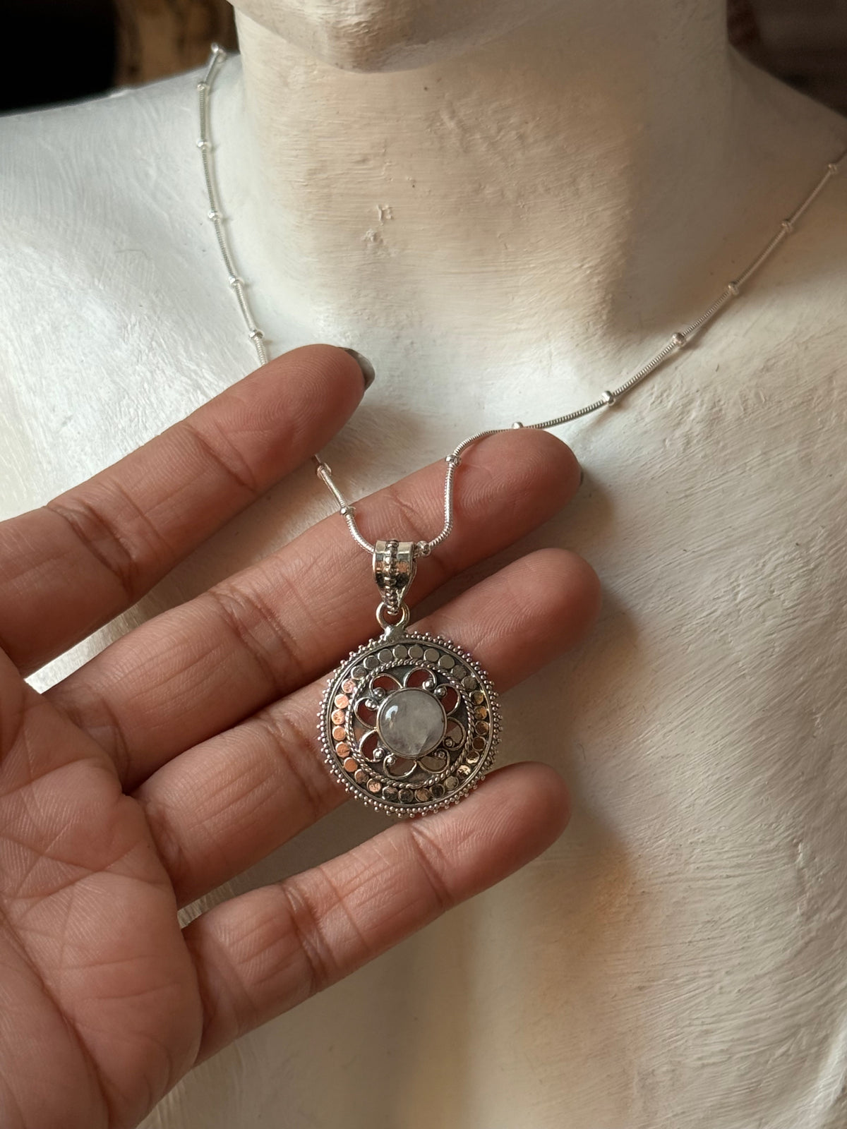 925 Sterling Silver Moonstone Round Boho Handcrafted One of a Kind Pendant