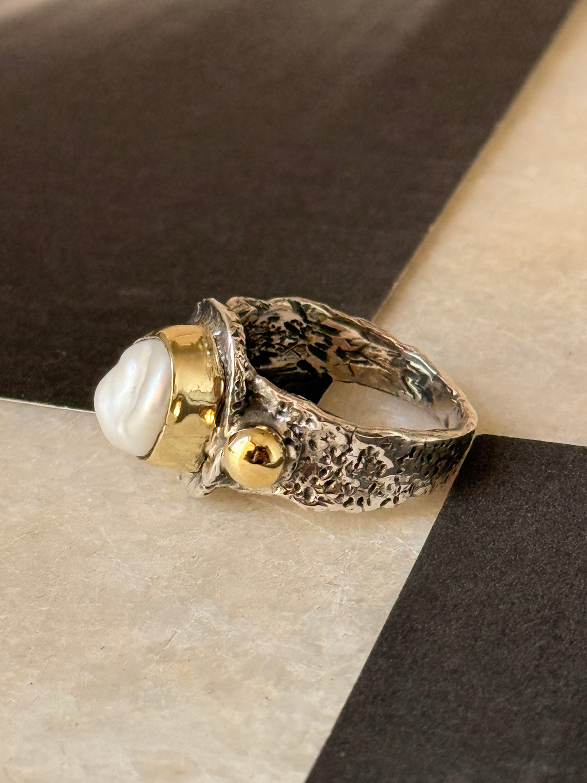 925 Sterling Silver Baroque Pearl Rustic Fusion Handcrafted Ring