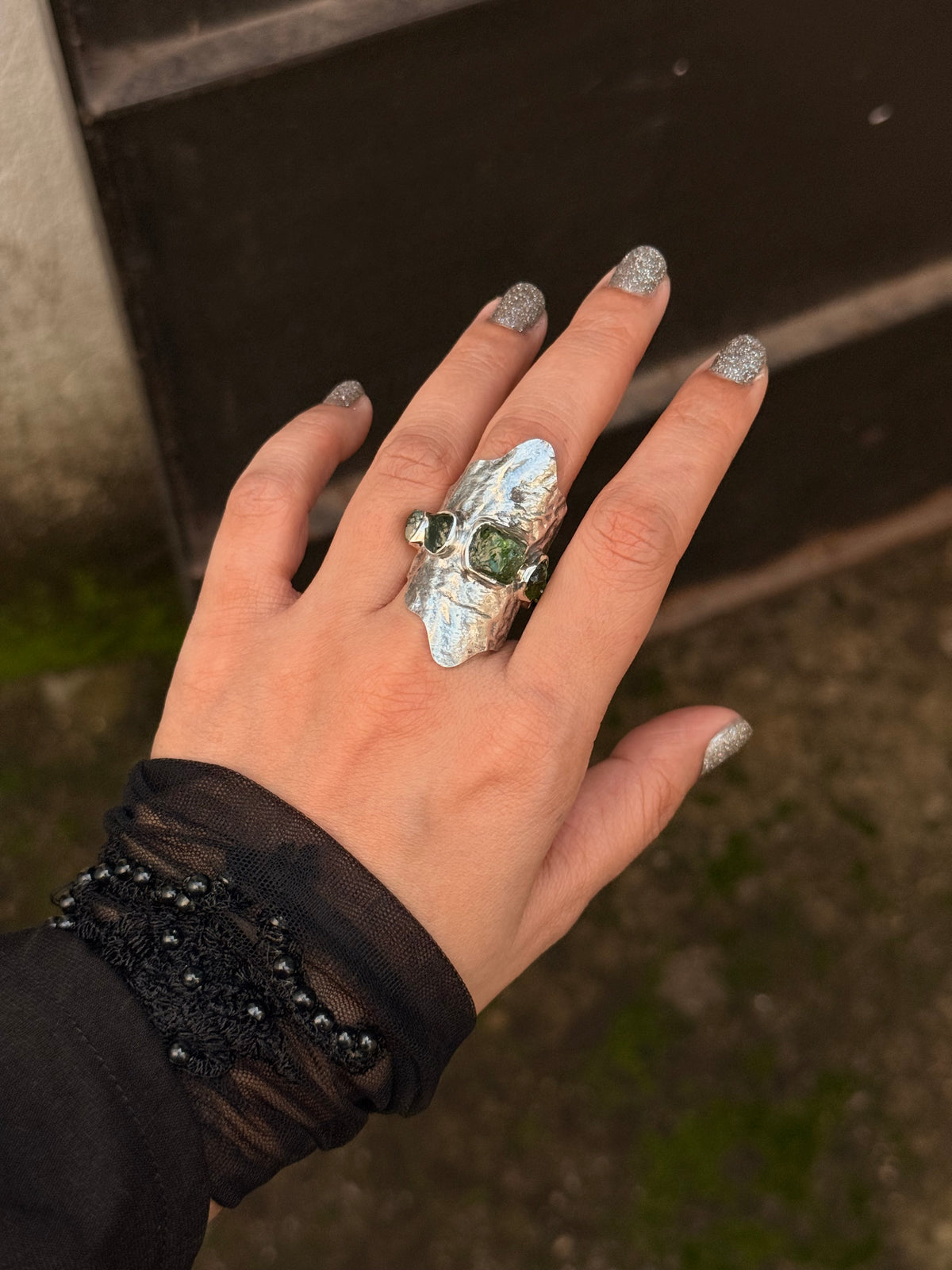 925 Sterling Silver Green Tourmaline Raw Uncut Molten Textured Statement Handcrafted Ring