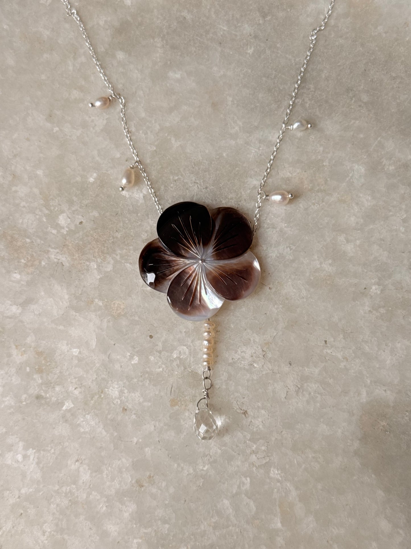 925 Sterling Silver Brown Mother Of Pearl Flower Carved , Fresh Water Pearls Charms & Clear Quartz Drop Handcrafted Dainty Necklace