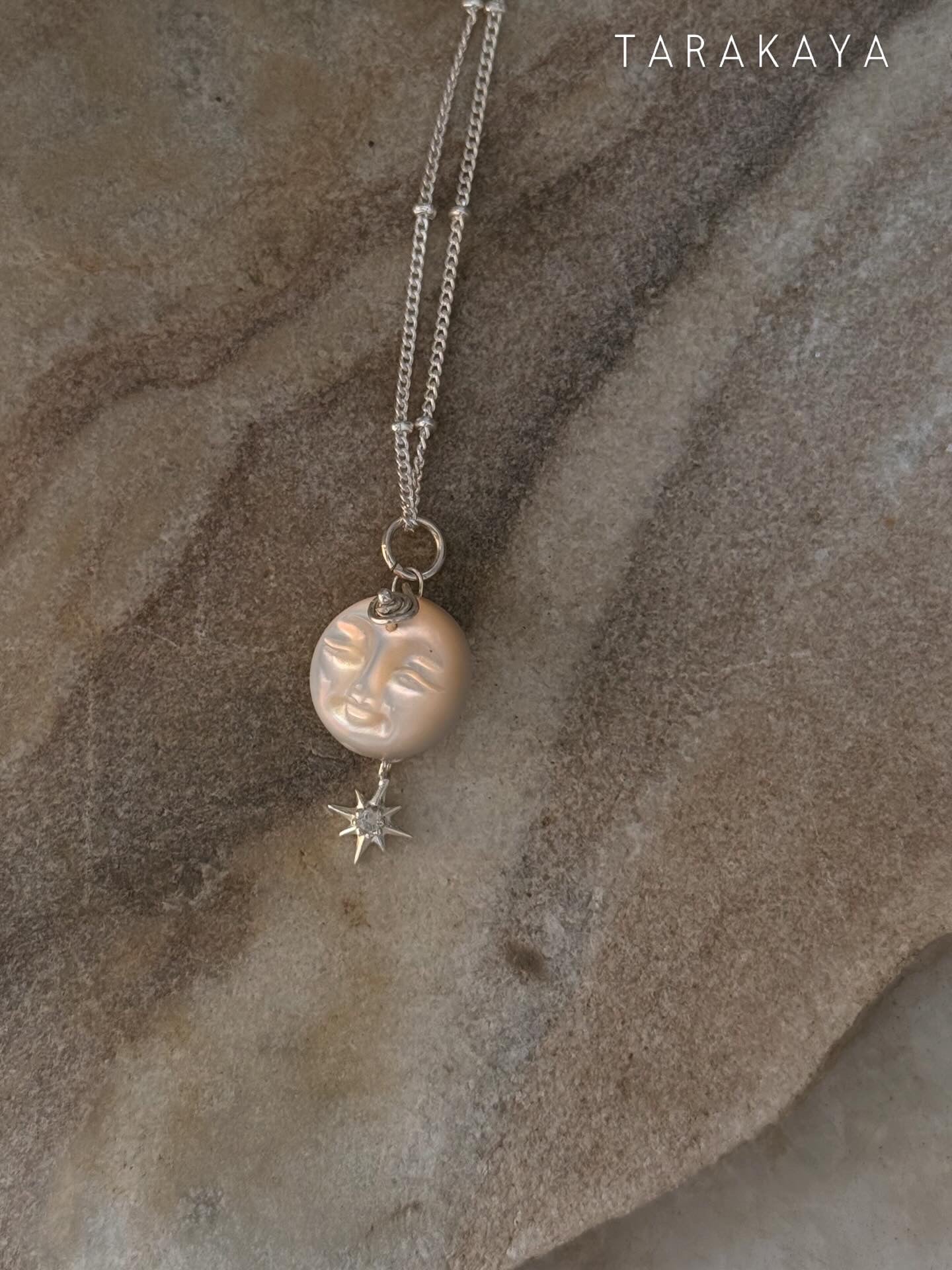 925 Sterling Silver Mother of Pearl Full Moon Face Carved White Topaz North Star Cable Dot Handcrafted Necklace