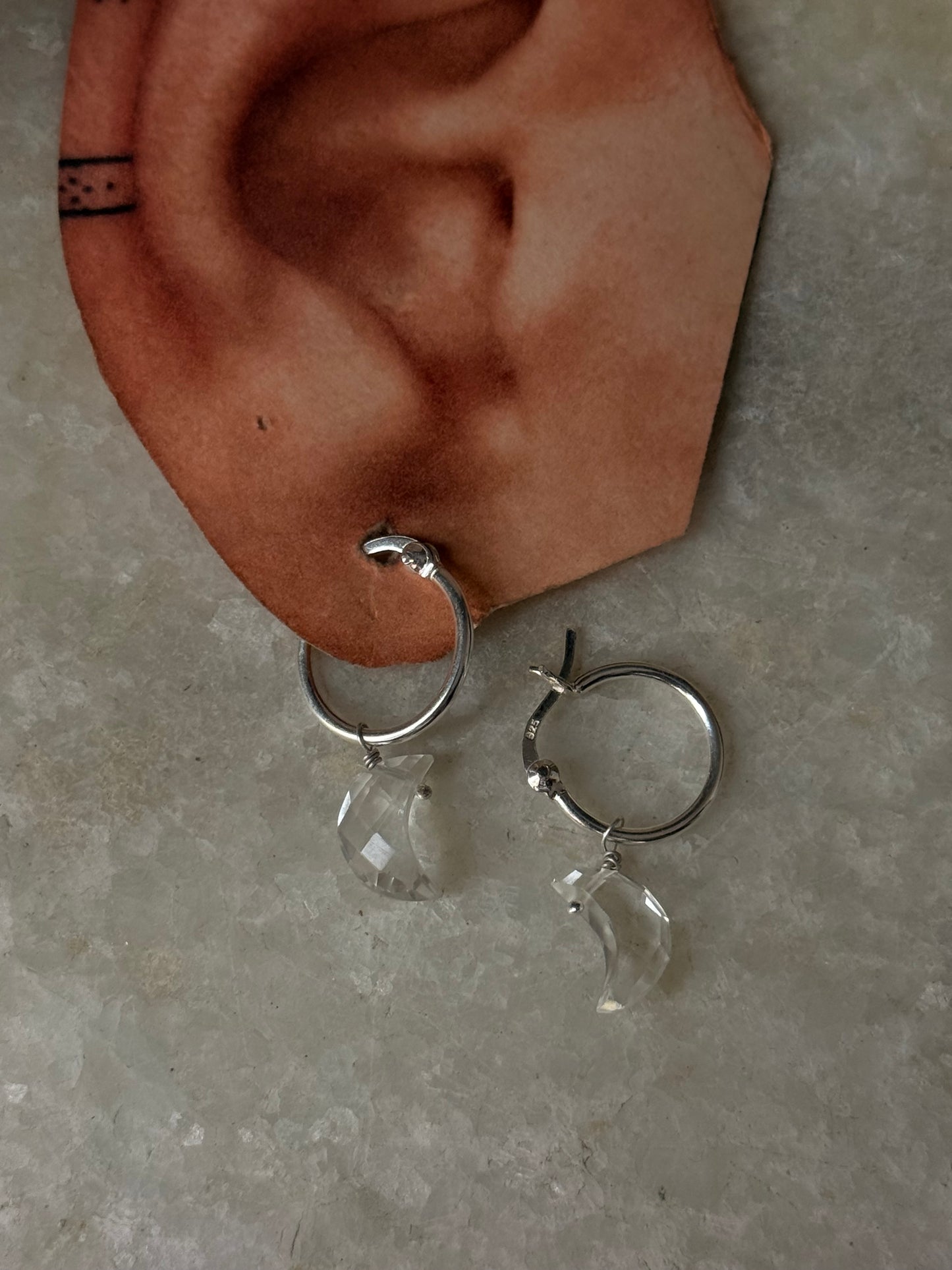 925 Sterling Silver Clear Quartz Moon Carved Charm Italian Hoops