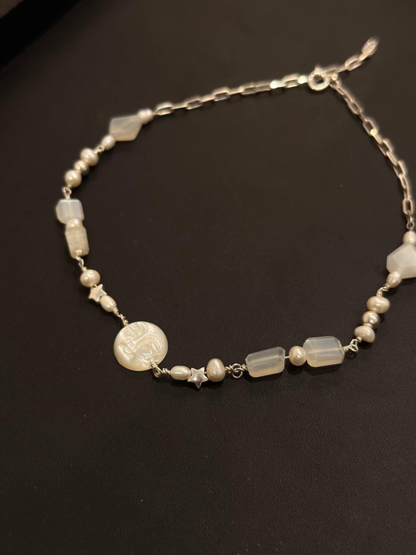925 Sterling Silver Mother of Pearl Full Moon Face, Star Fresh Water Pearls, Grey Moonstone Handcrafted Necklace