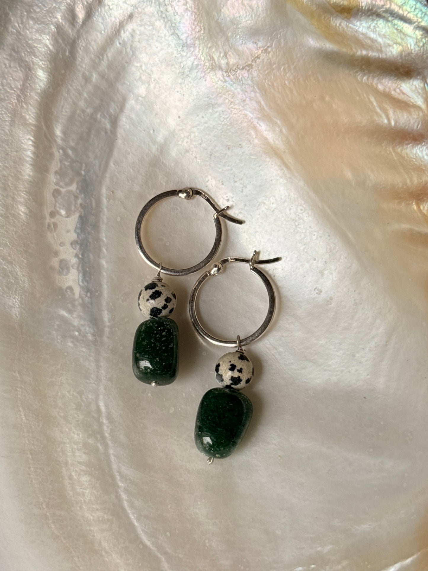 925 Sterling Silver Green Aventurine & Dalmation Jasper Hoops Earrings