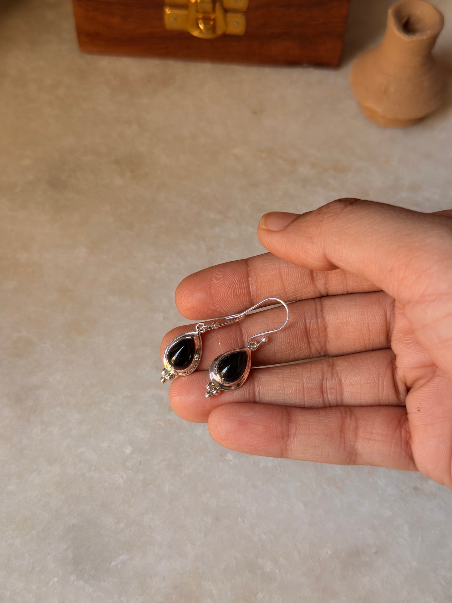 925 Sterling Silver Black Onyx Pear Rawa Handcrafted Hook Earrings