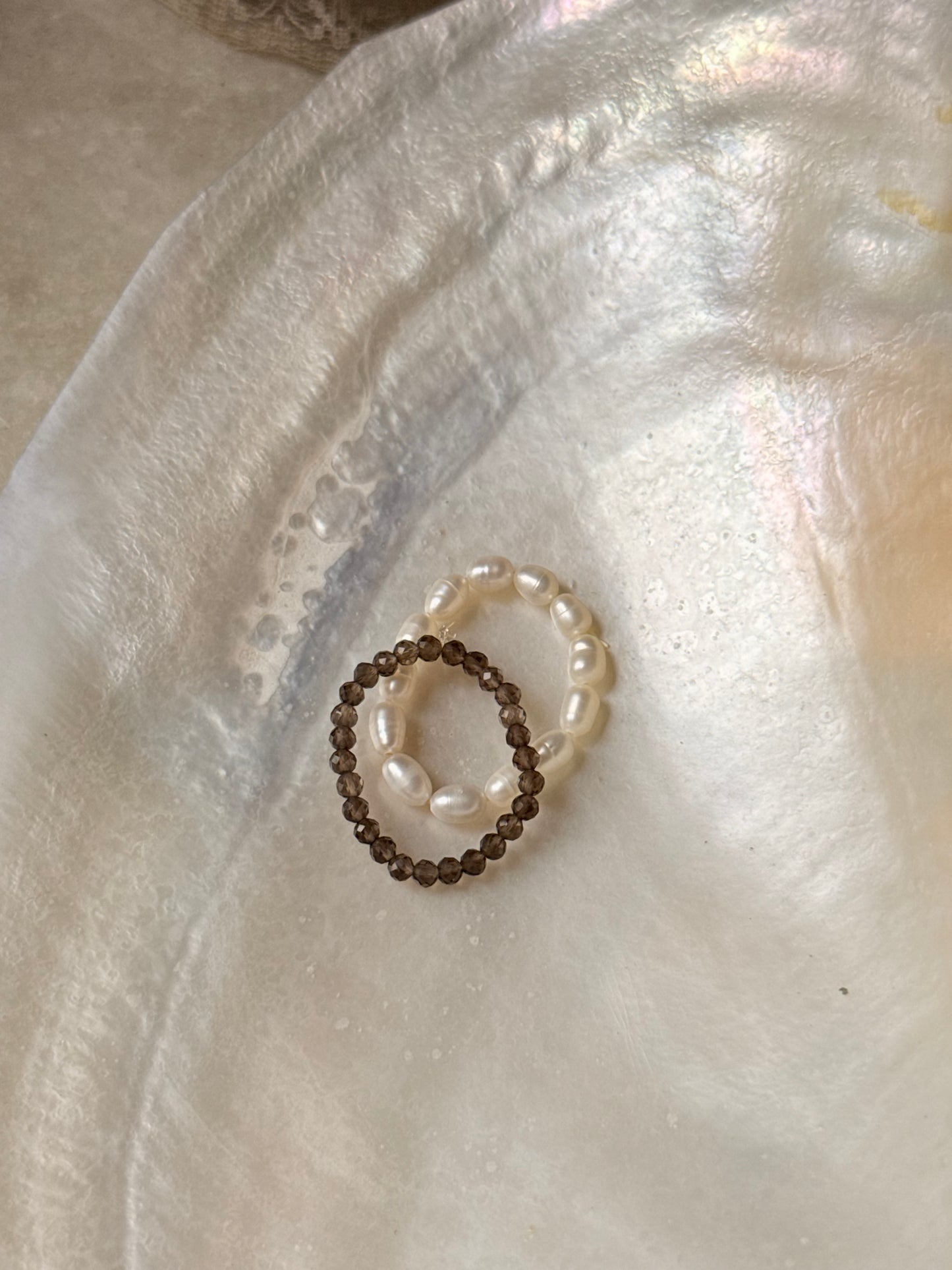 Natural Crystal Stretchy Smokey Quartz 2mm & Fresh Water Pearl Rings