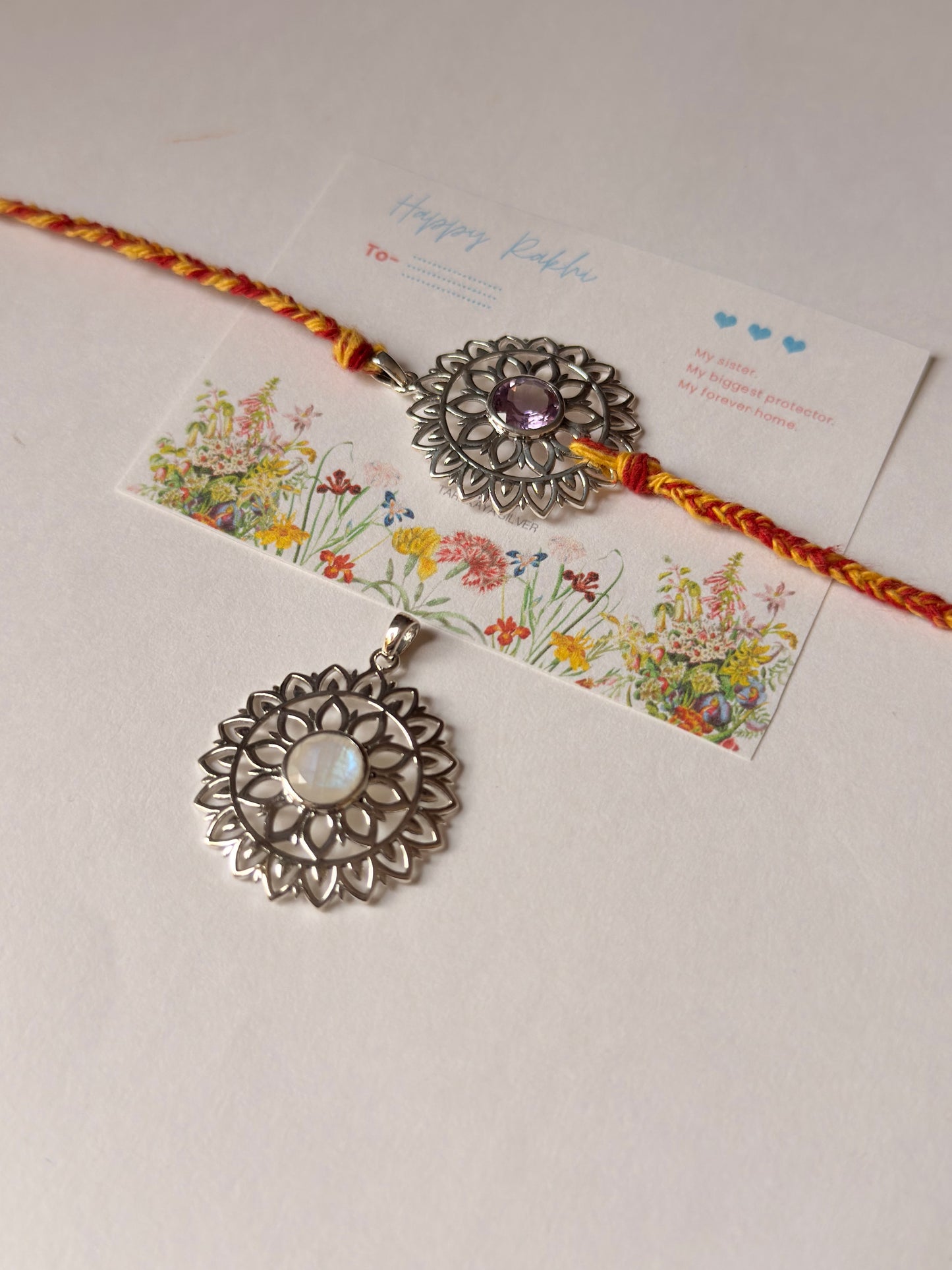 925 Sterling Silver Gemstone Mandala Rakhi - Reusable as Pendant Handcrafted Rakhi