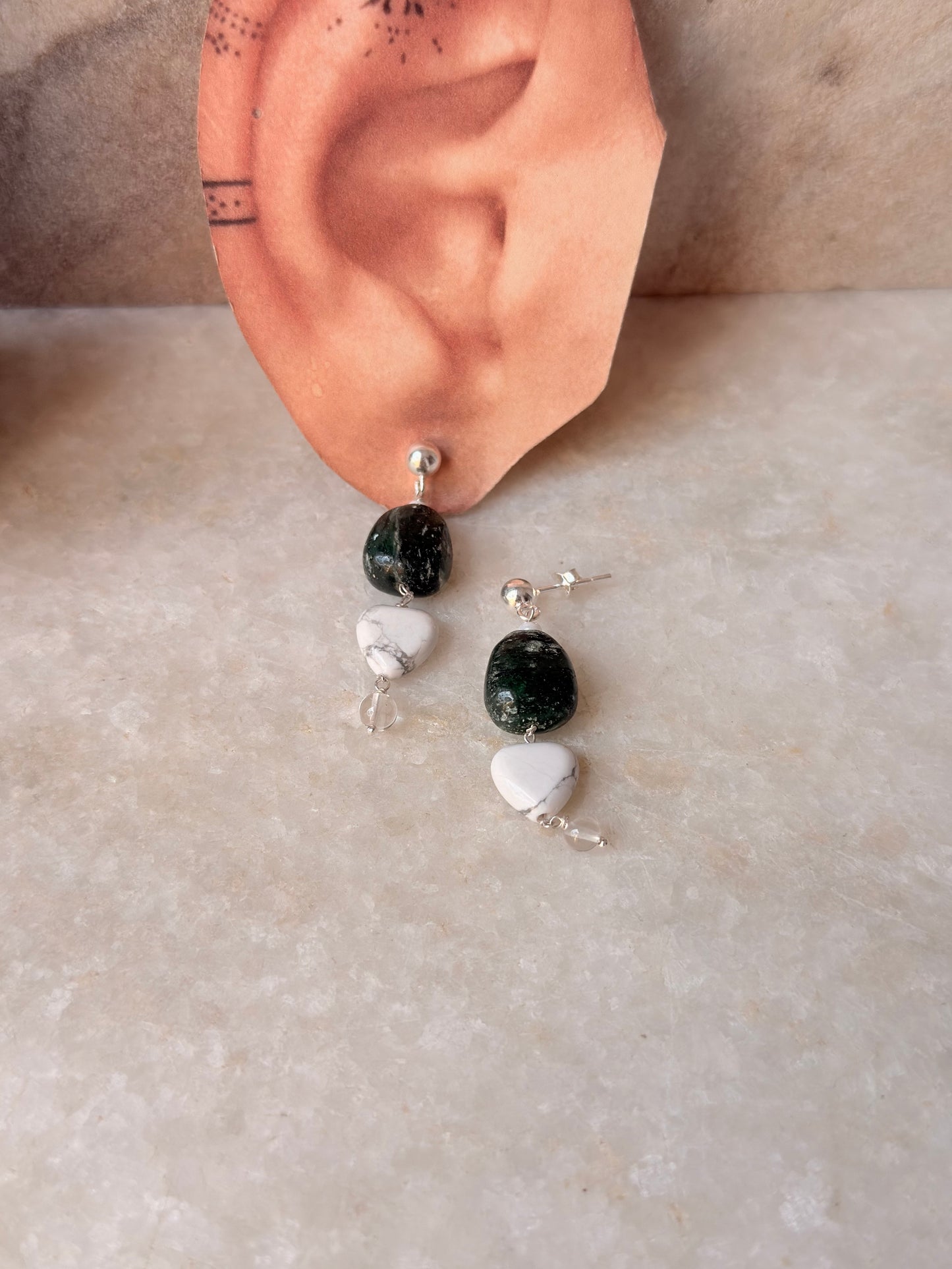 925 Sterling Silver Green Aventurine, Howlite & Clear Quartz Earrings