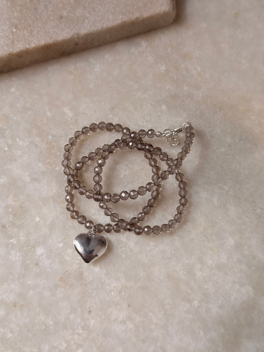 925 Sterling Silver Smokey Quartz 4MM Faceted Chunky Heart Necklace