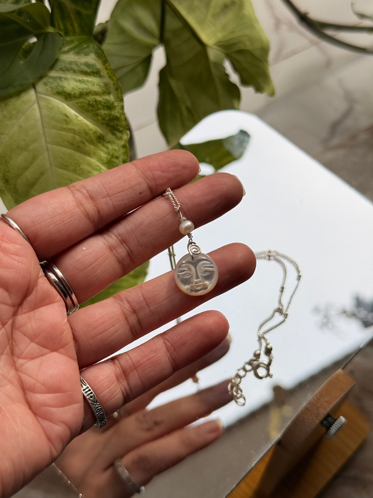 925 Sterling Silver Mother of Pearl Moon Face, Fresh Water Pearl Spiral Cable Dot Handcrafted Necklace