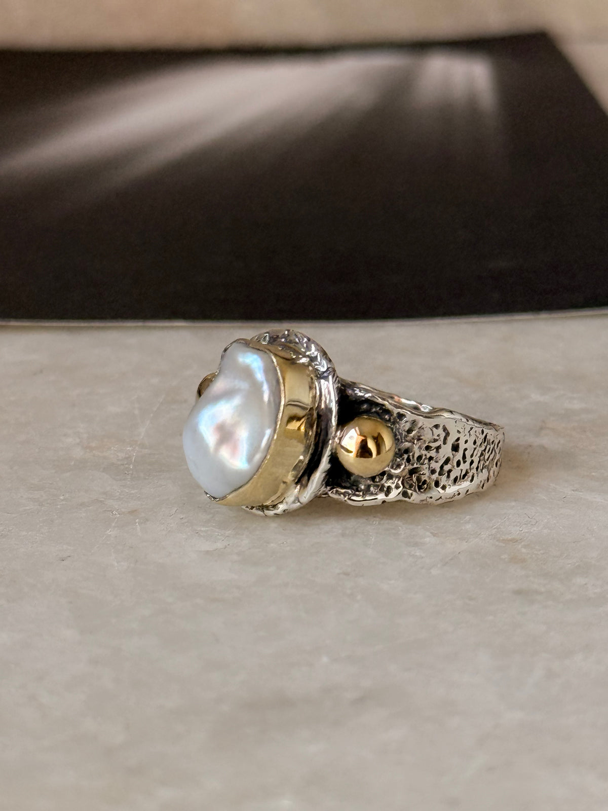 925 Sterling Silver Baroque Pearl Rustic Fusion Handcrafted Ring