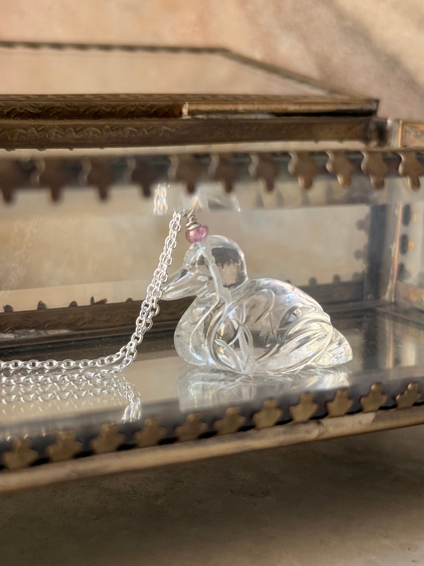 925 Sterling Silver Clear Quartz Duck Carved Pink Tourmaline Crystal Handcrafted Necklace