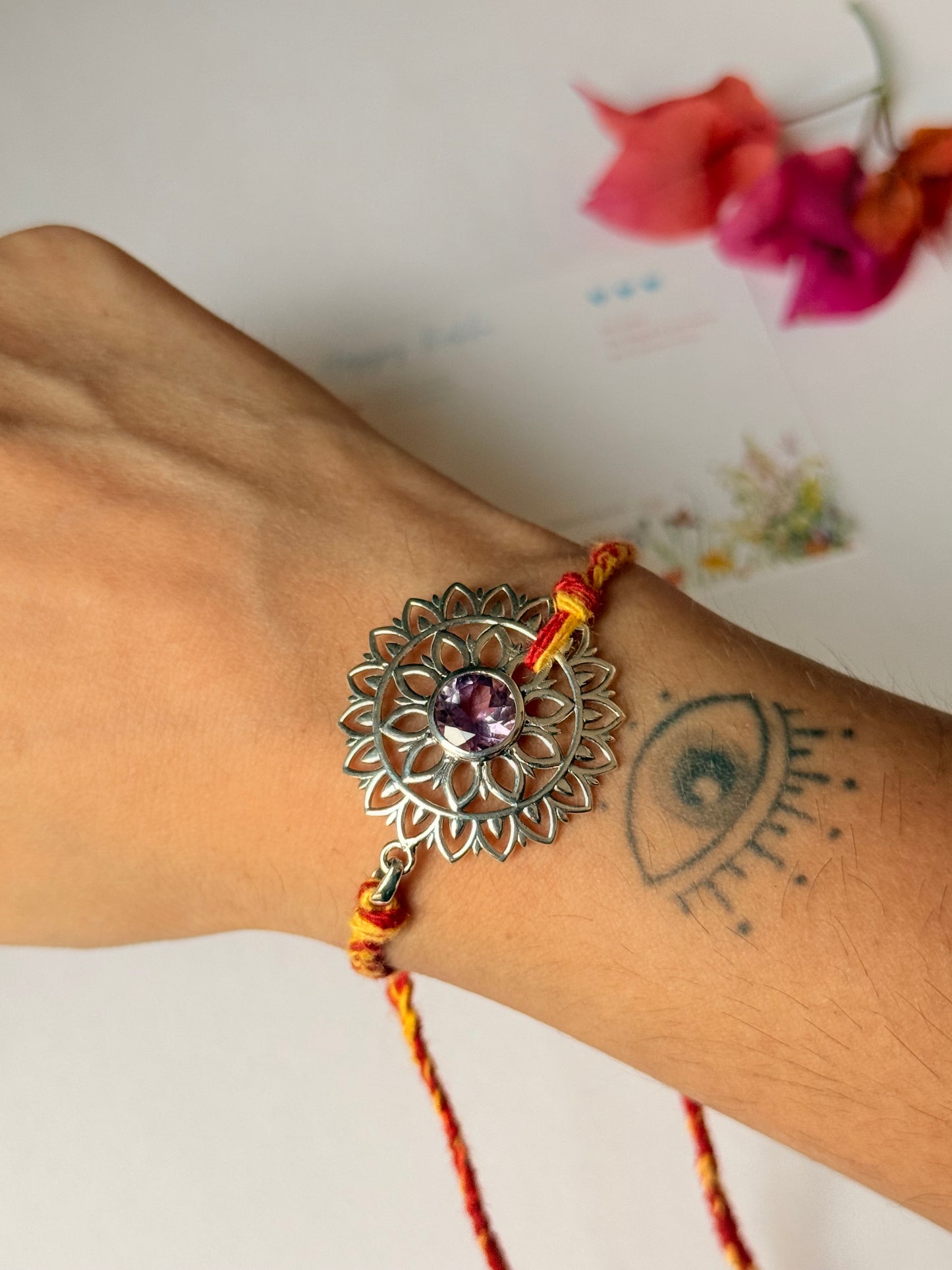 925 Sterling Silver Gemstone Mandala Rakhi - Reusable as Pendant Handcrafted Rakhi