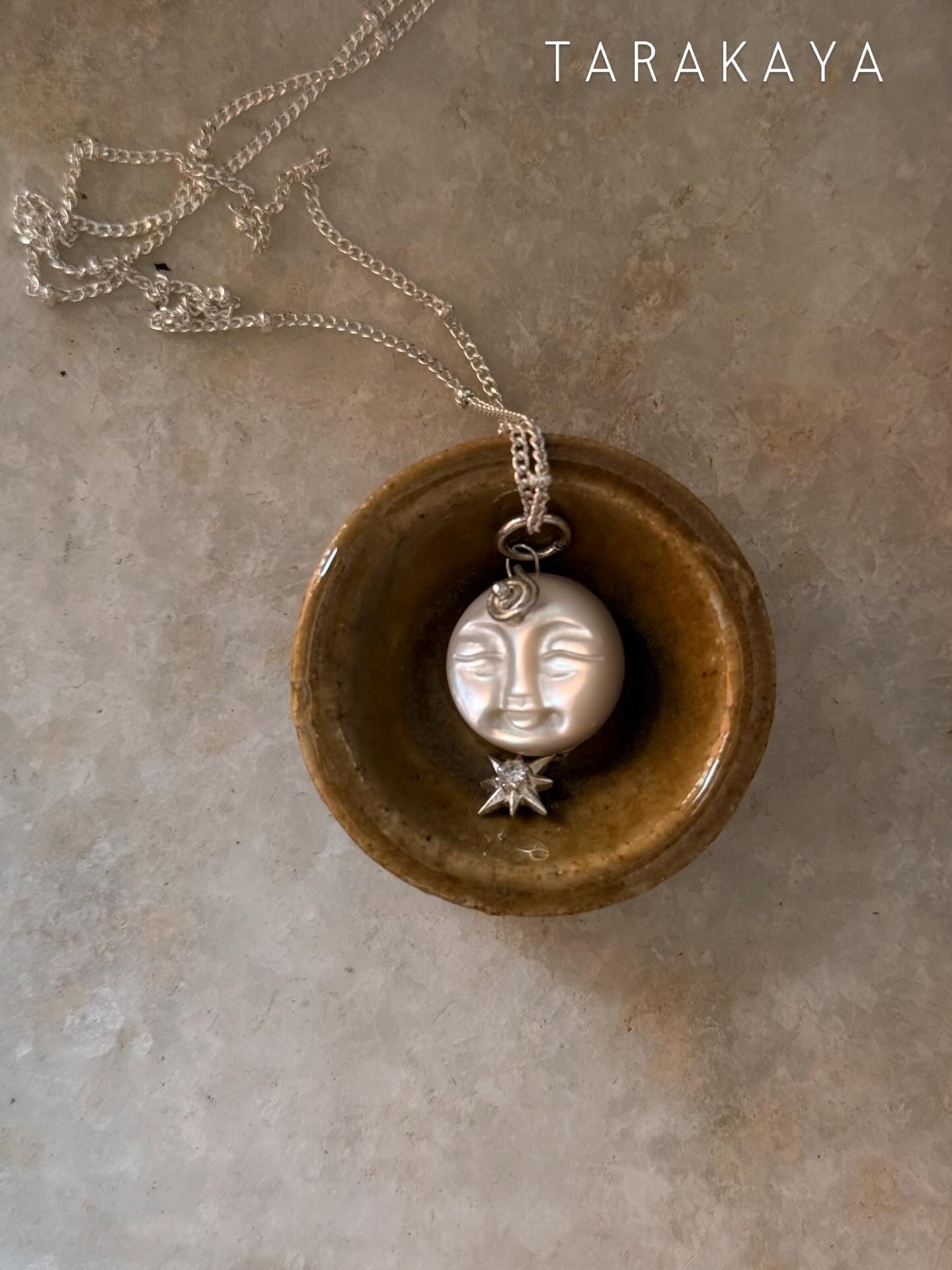 925 Sterling Silver Mother of Pearl Full Moon Face Carved White Topaz North Star Cable Dot Handcrafted Necklace