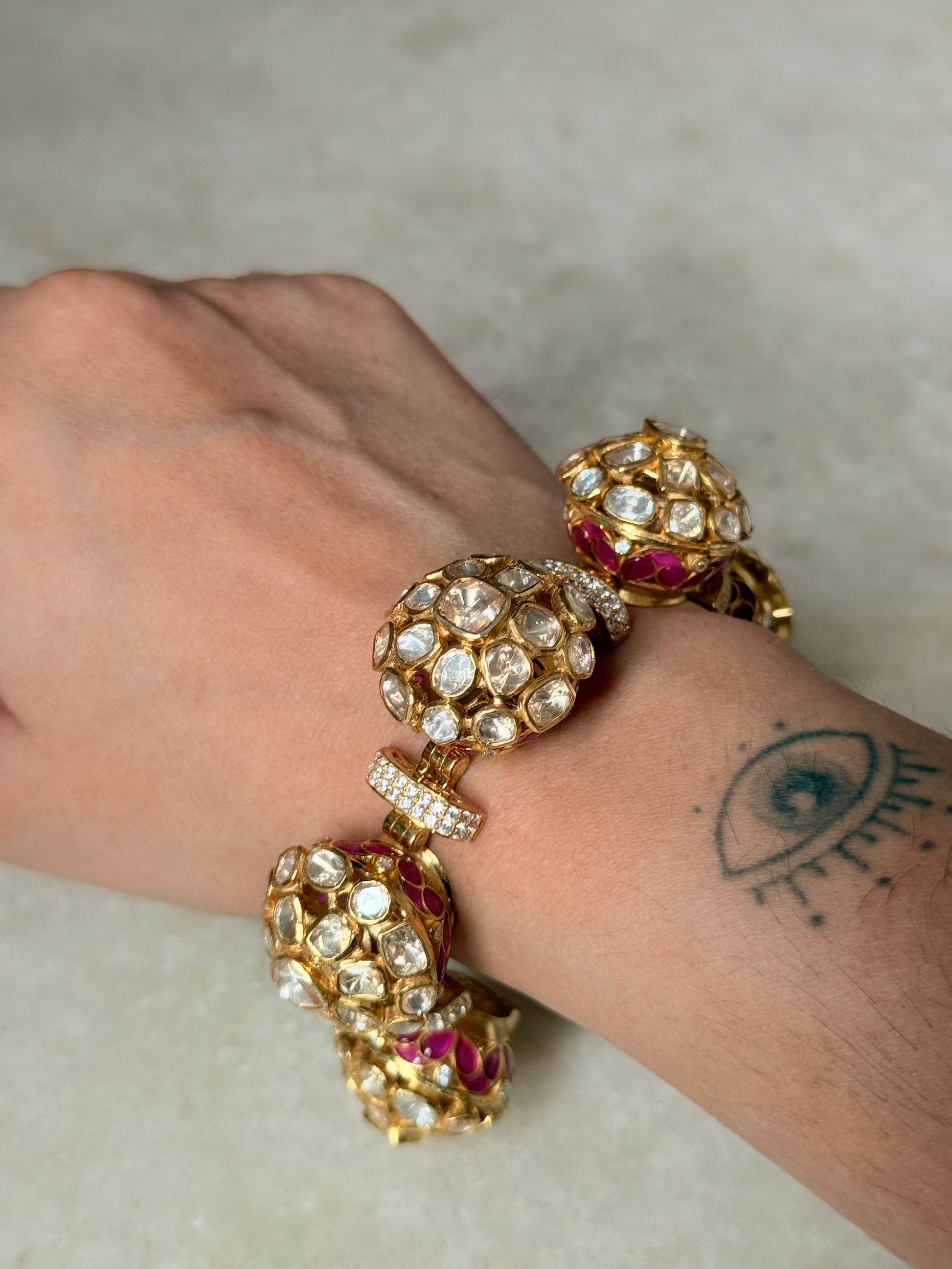  925 Sterling Silver Gold Plated Pink Kundan Moissanite Polki Bracelet