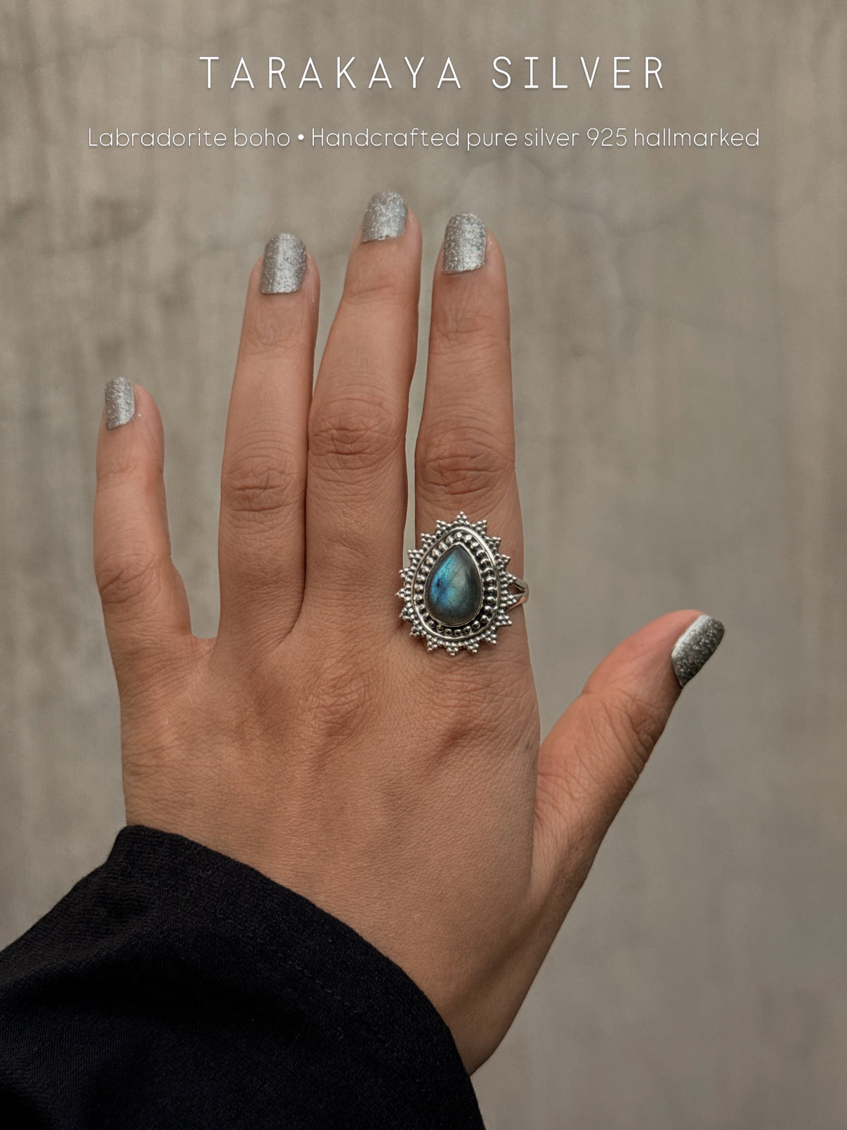 925 Sterling Silver Labradorite Pear Boho Statement Ring