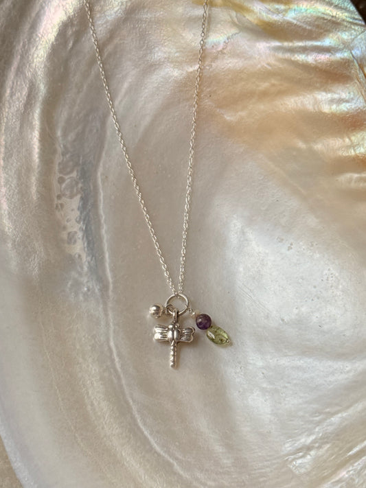 925 Sterling Silver Peridot, Amethyst Crystal Charms, Silver Dragonfly  & Ball Charm Dainty Chain Necklace