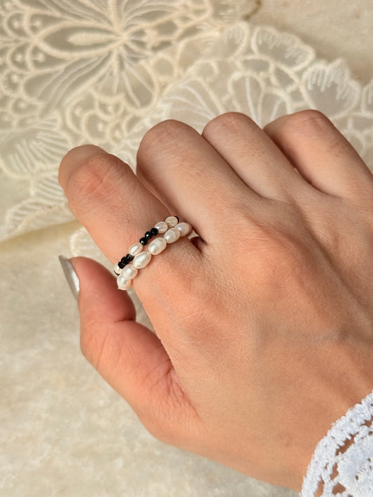 Natural Crystal Stretchy Fresh Water Pearl & Black Spinel Pearl Rings