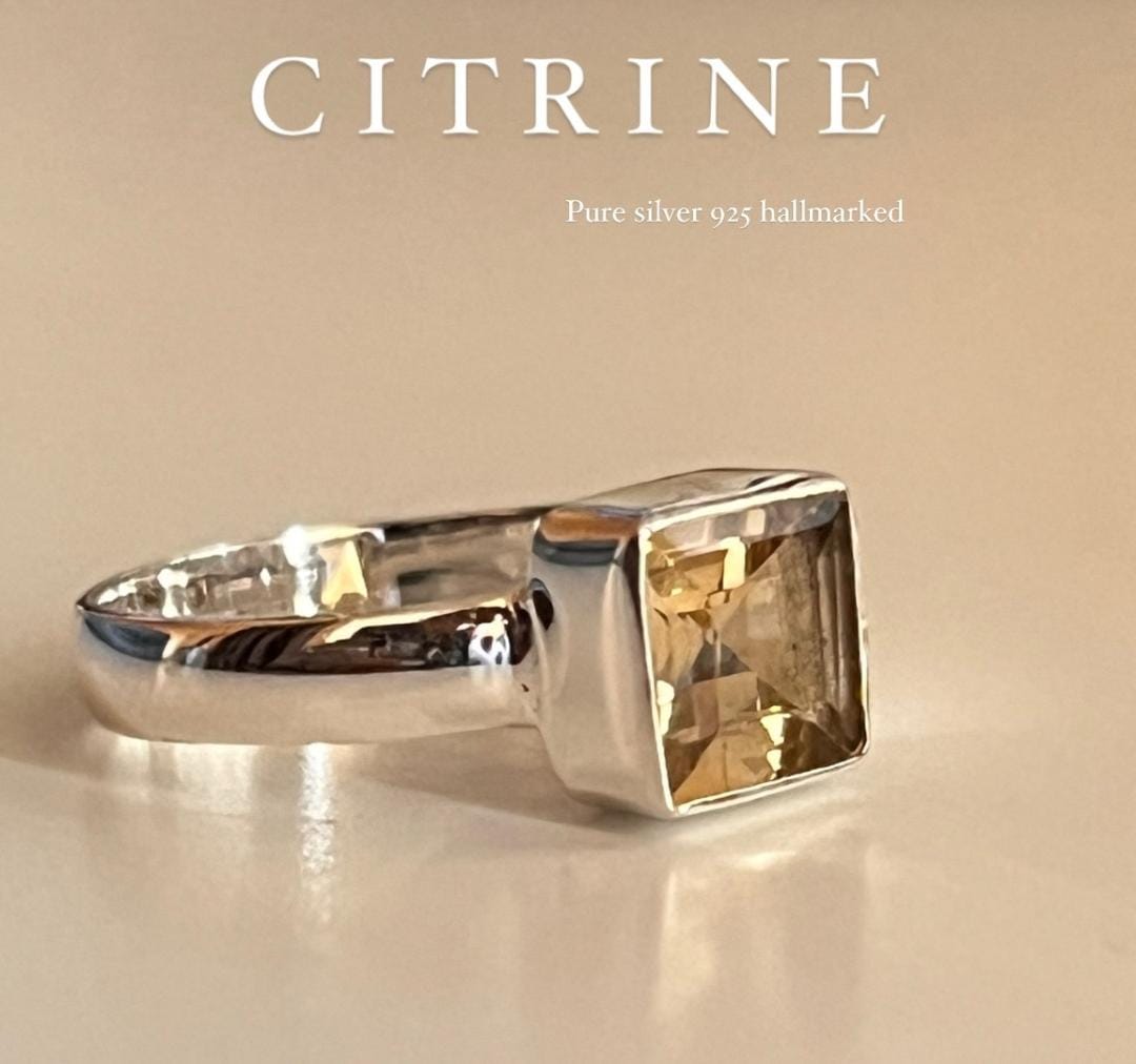 Citrine square cut stone silver ring with elegant design