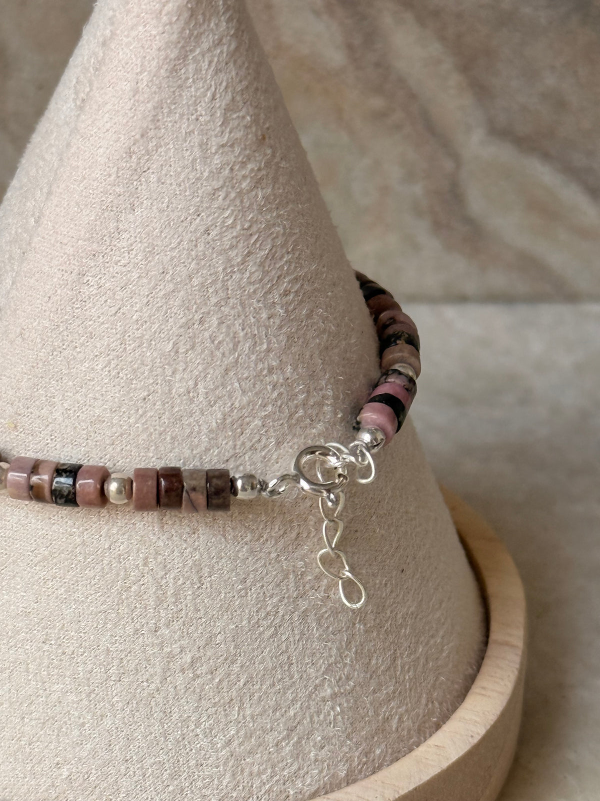 925 Sterling Silver Rhodonite Flat Tube Crystal Silver Balls Bracelet