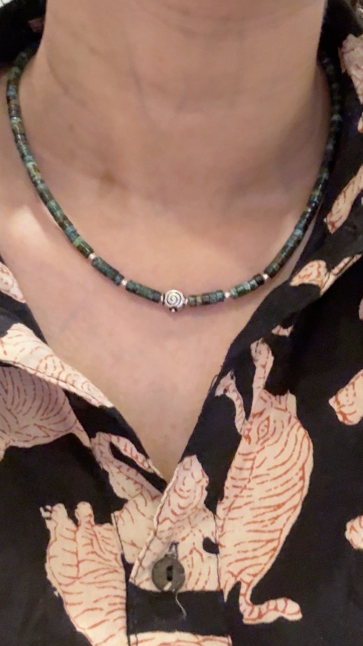 925 Sterling Silver African Turquoise Flat Tube Crystal Spiral Charm With Silver Balls Necklace