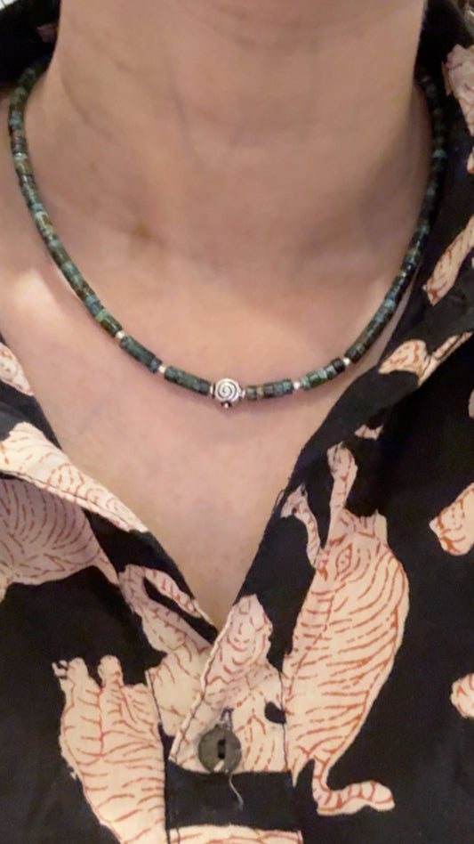 925 Sterling Silver African Turquoise Flat Tube Crystal Spiral Charm With Silver Balls Necklace
