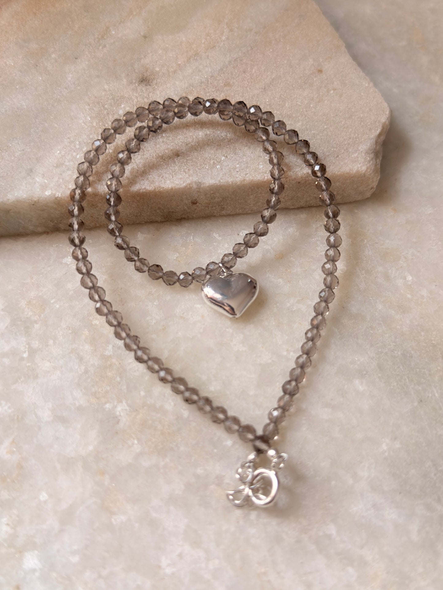 925 Sterling Silver Smokey Quartz 4MM Faceted Chunky Heart Necklace