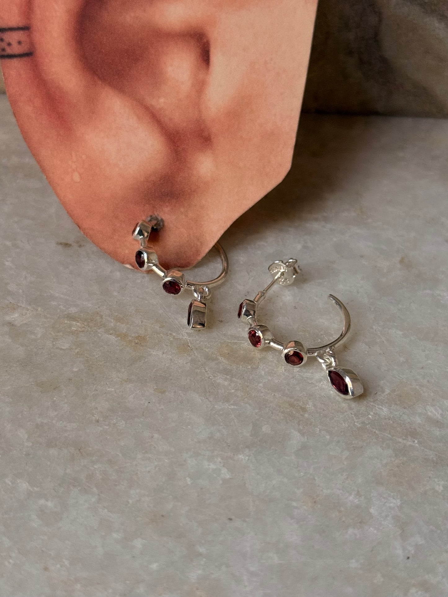 925 Sterling Silver Garnet Half Hoops Earrings