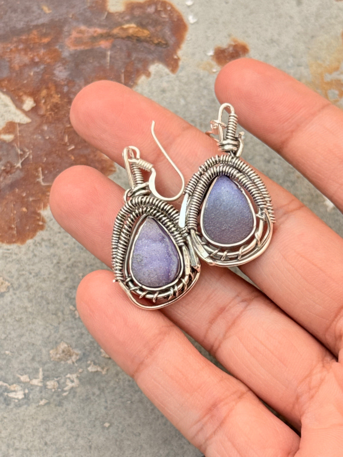925 Sterling Silver Purple Geode Shiney Wire Wrap Gothic Handcrafted Hook Earrings