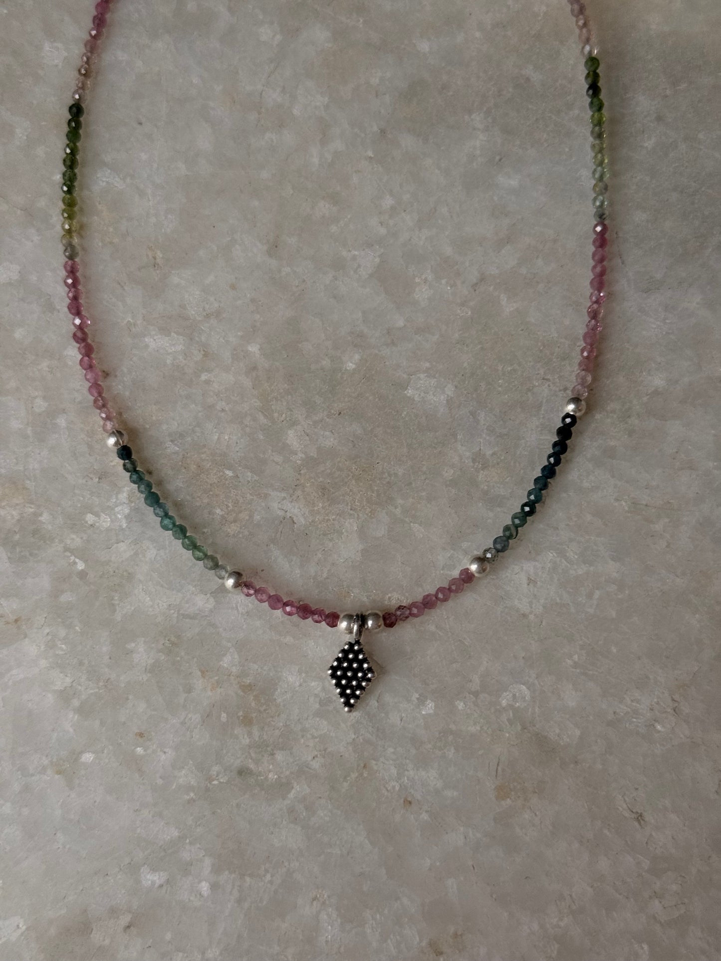 Multi Tourmaline 2mm Tribal Rawa Charm & Silver Balls 925 Sterling Silver Necklace