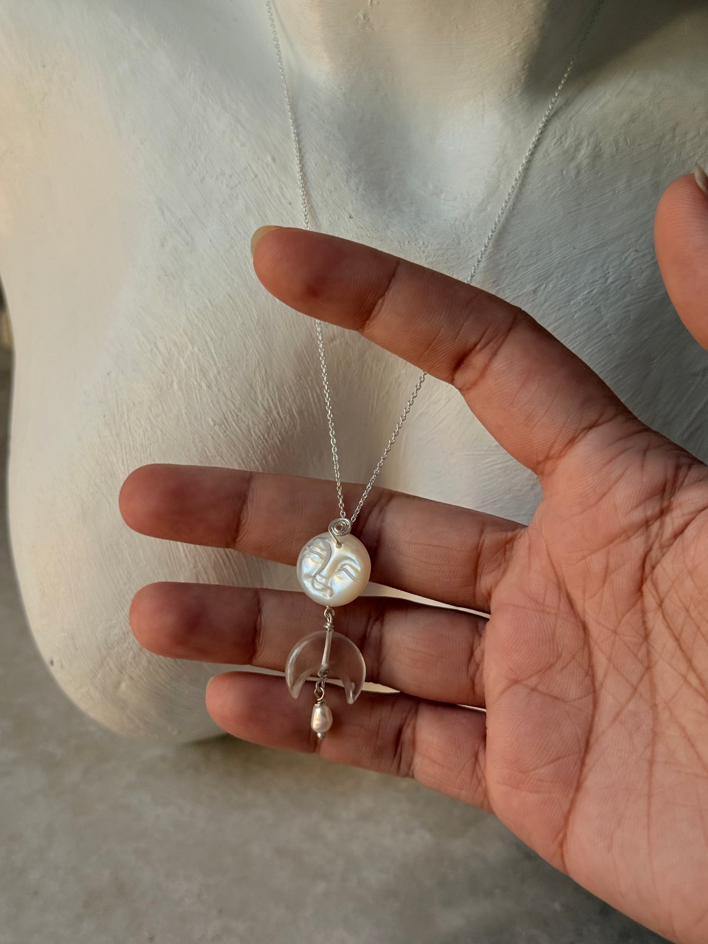 925 Sterling Silver Mother of Pearl Full Moon Face Spiral Carved, Clear Quartz Moon Handcrafted Necklace