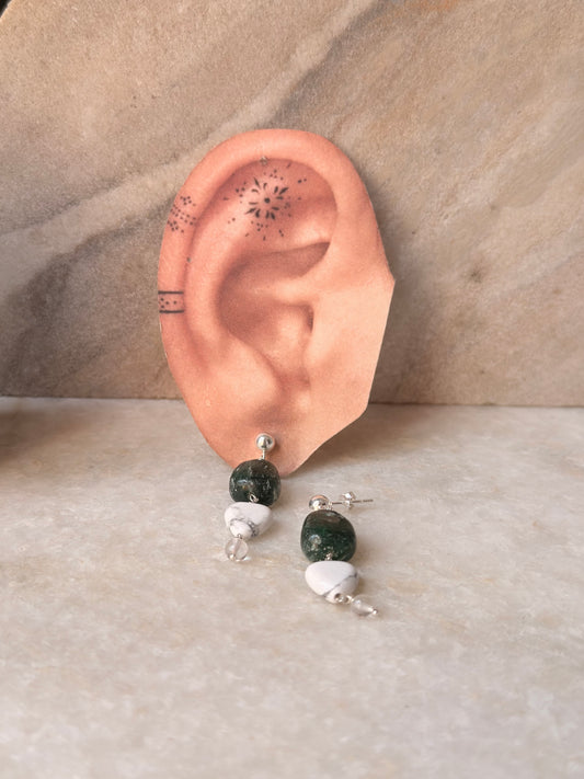 925 Sterling Silver Green Aventurine, Howlite & Clear Quartz Earrings