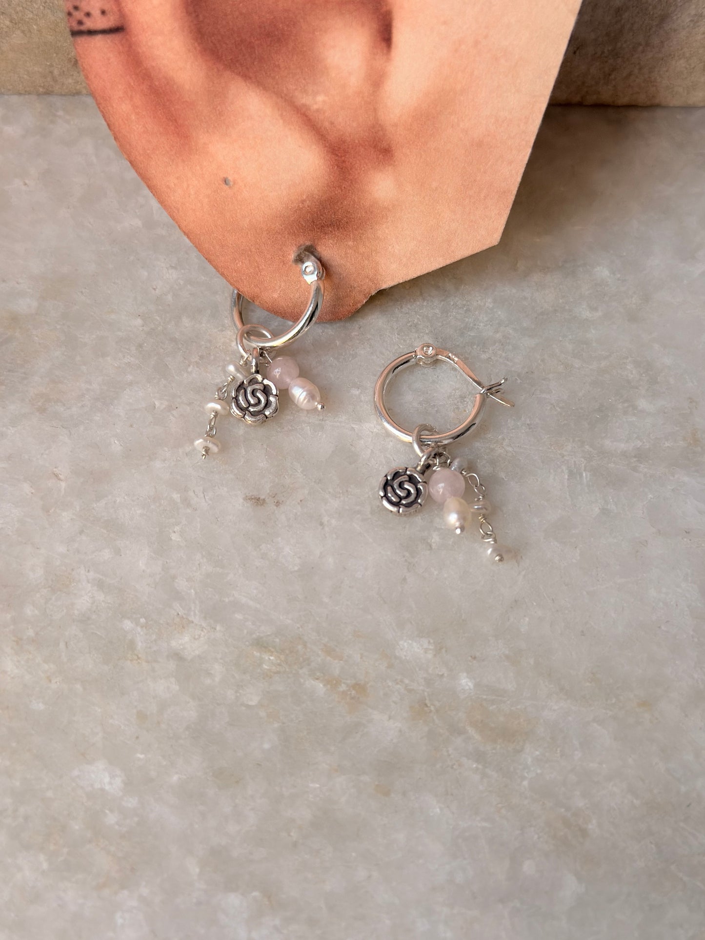 925 Sterling Silver Rose Quartz, Rose Beads & Pearl Italian Hoops