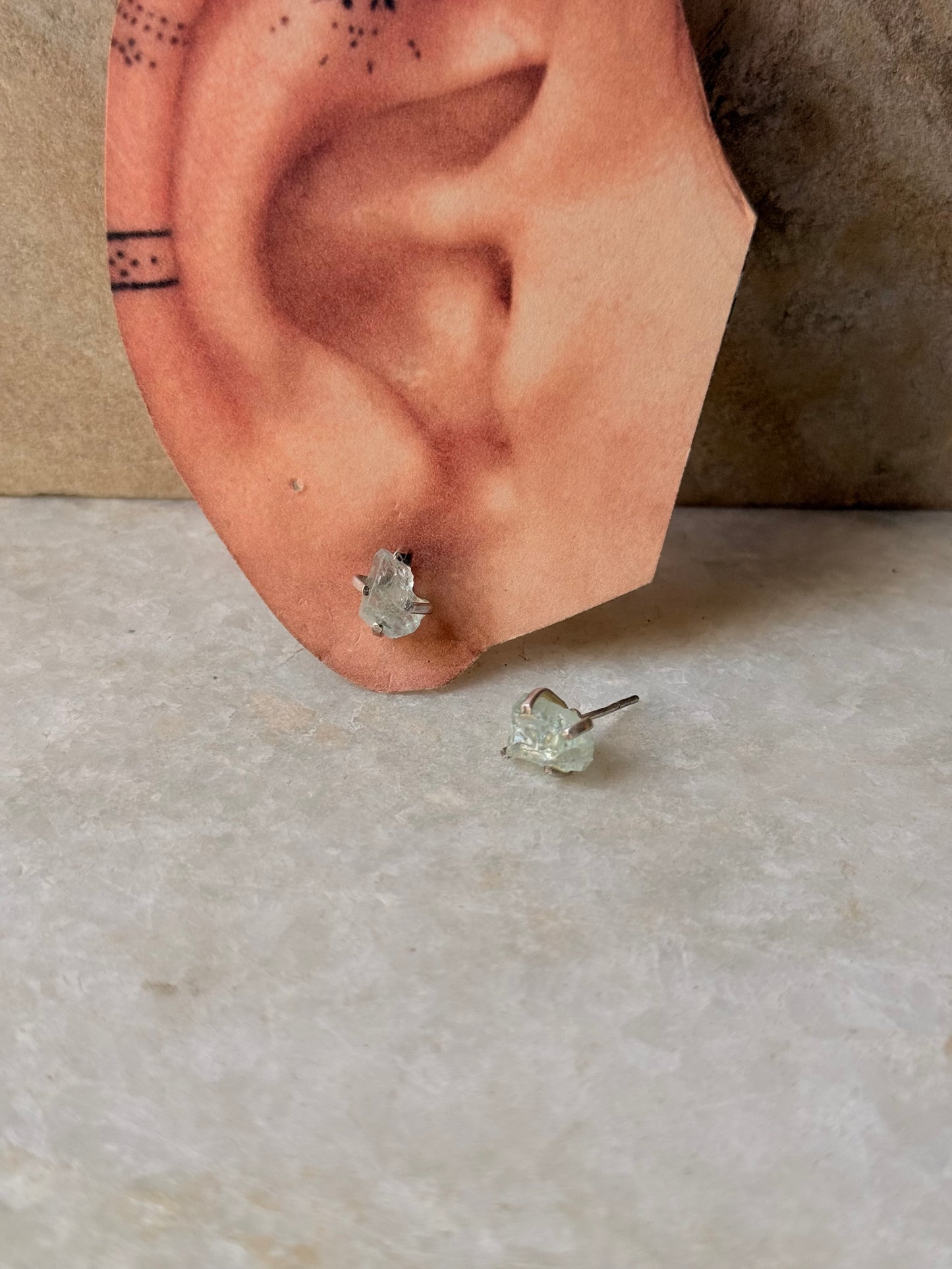 925 Sterling Silver Aquamarine Raw Uncut Prong Setting Studs Earrings