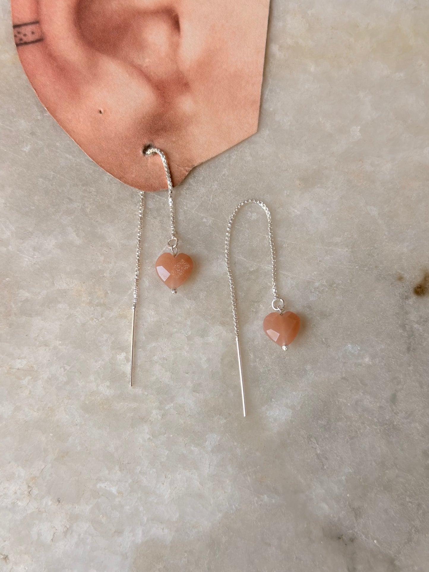 925 Sterling Silver Peach Moonstone Heart Threader/Sui Dhaga Earrings