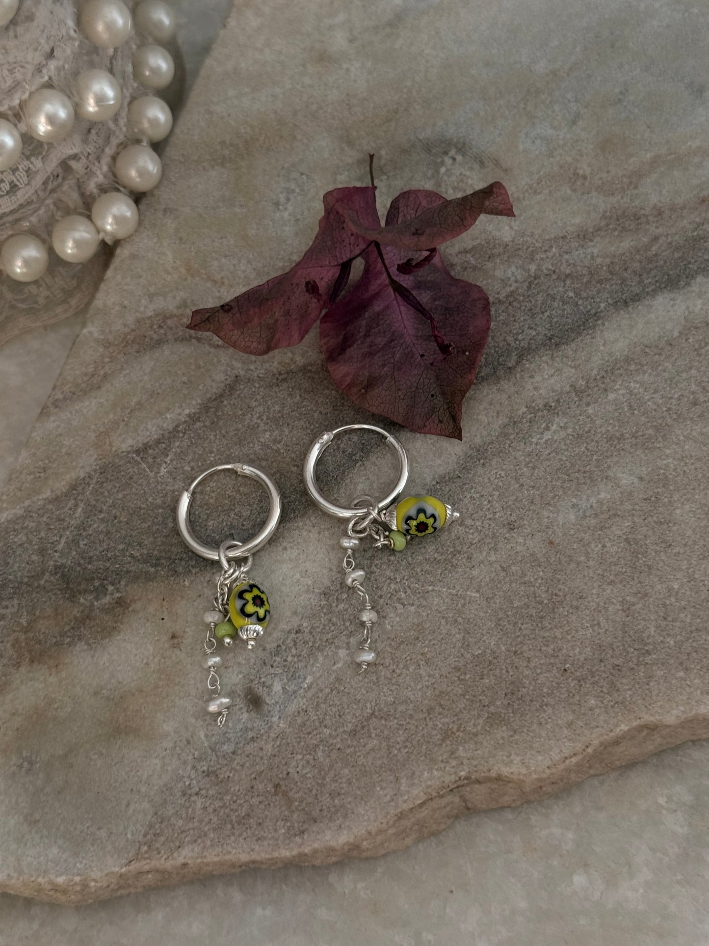 925 Sterling Silver Pinterest Fresh Water Pearl & Green Italian Hoops